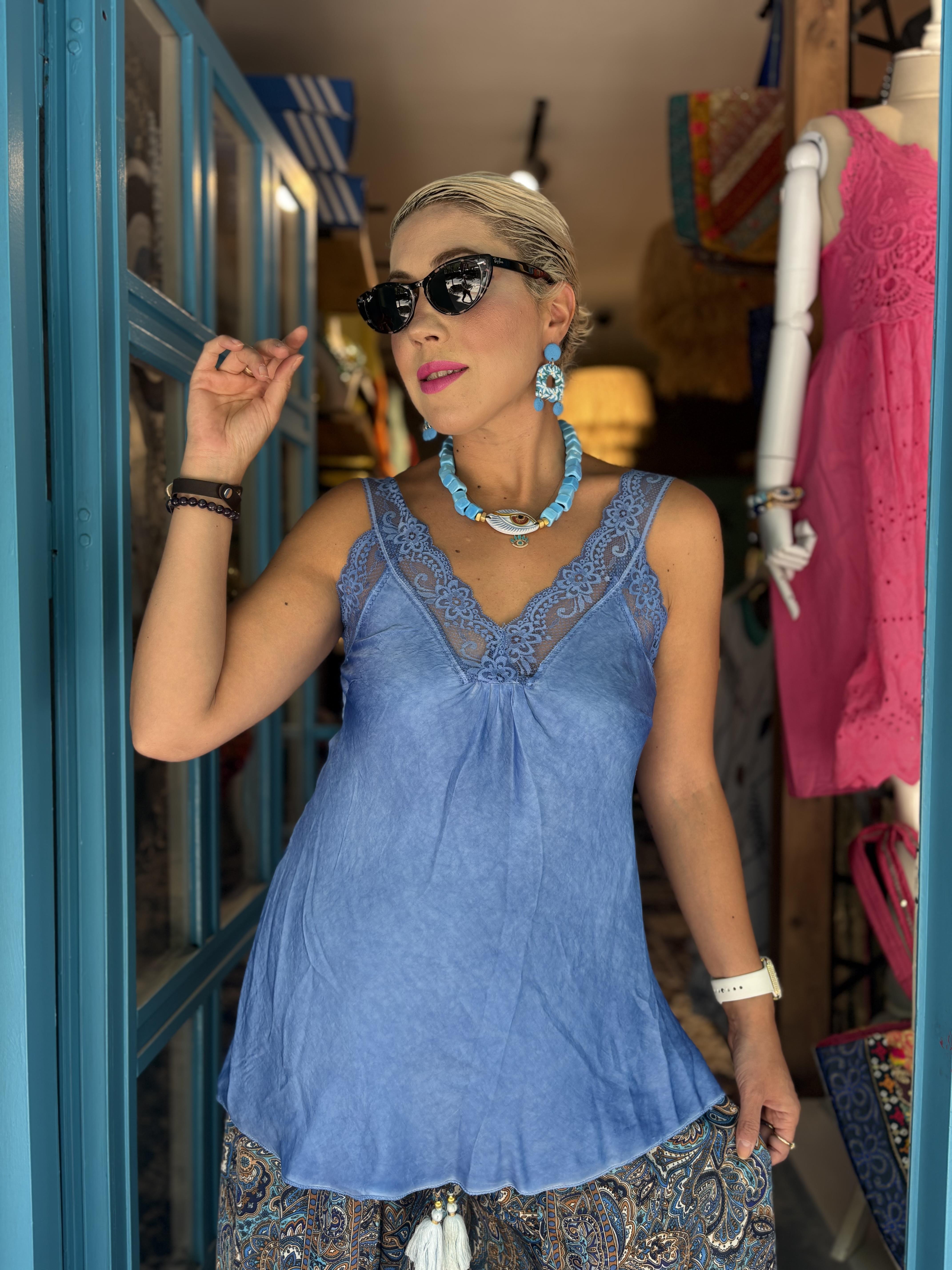 İtalyan Mavi İpek Bluz