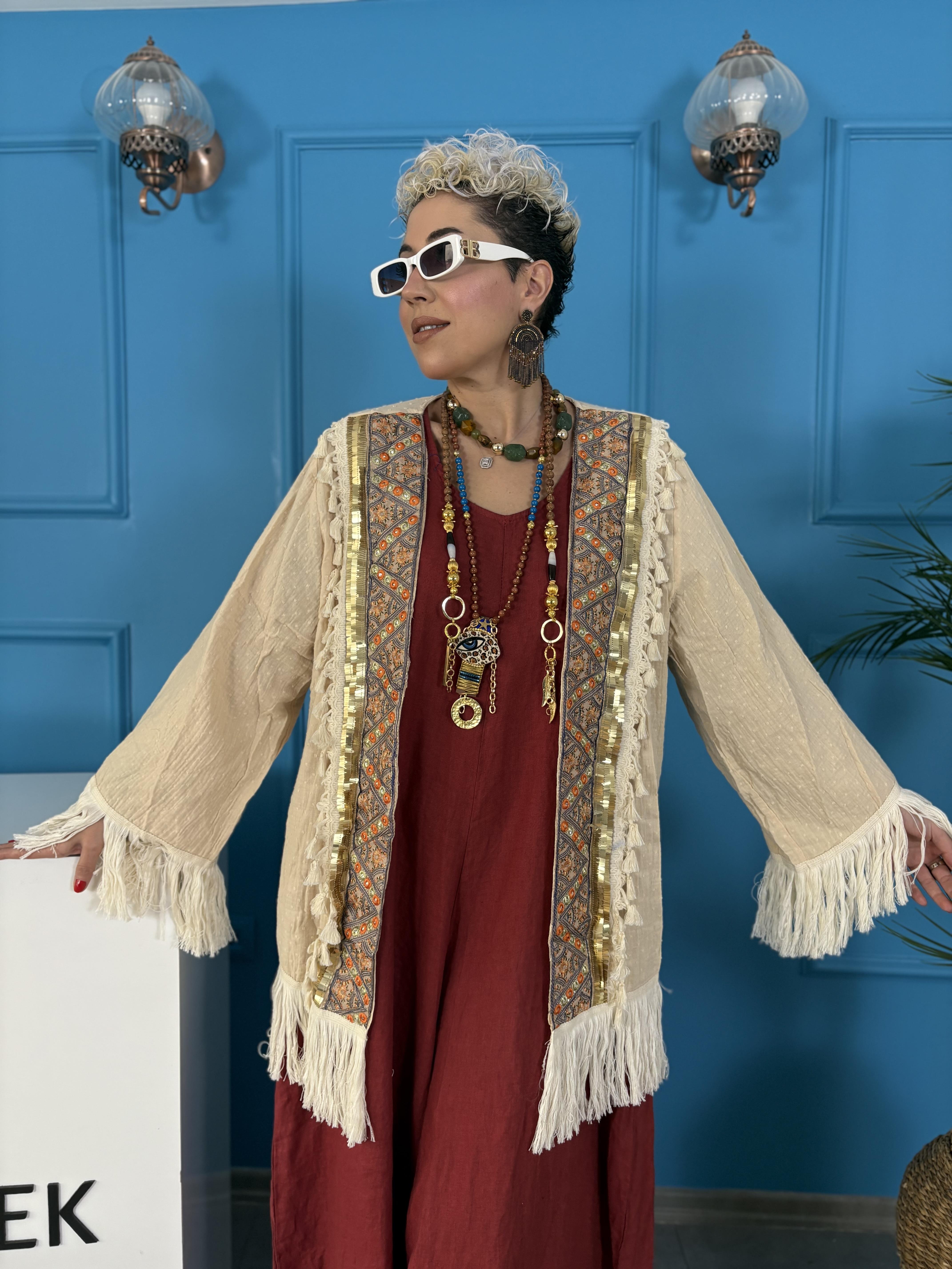 İtalyan Müslin Bohem Krem Ceket