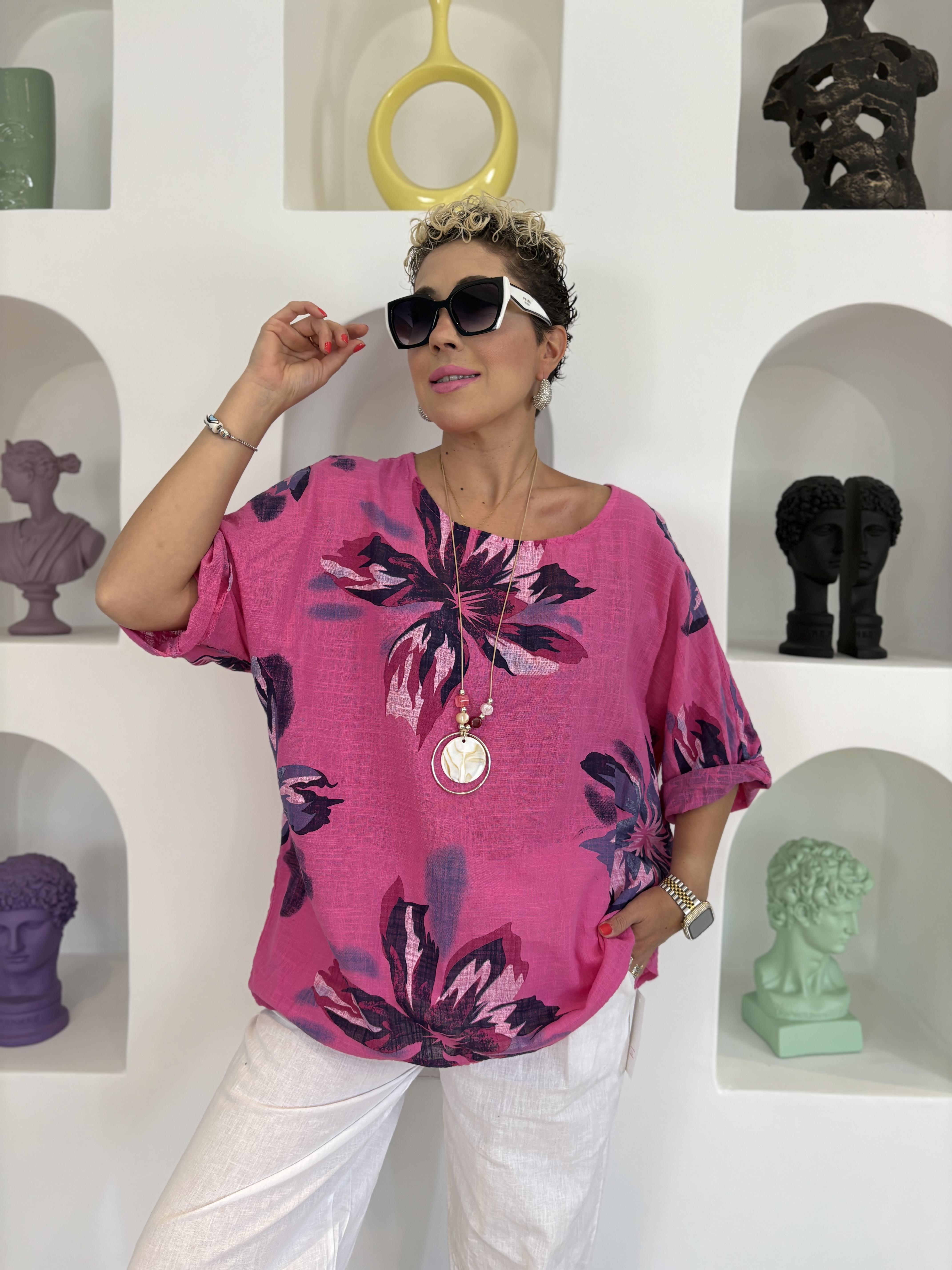 İtalyan Pamuk Keten Çiçek Desenli Pembe Bluz