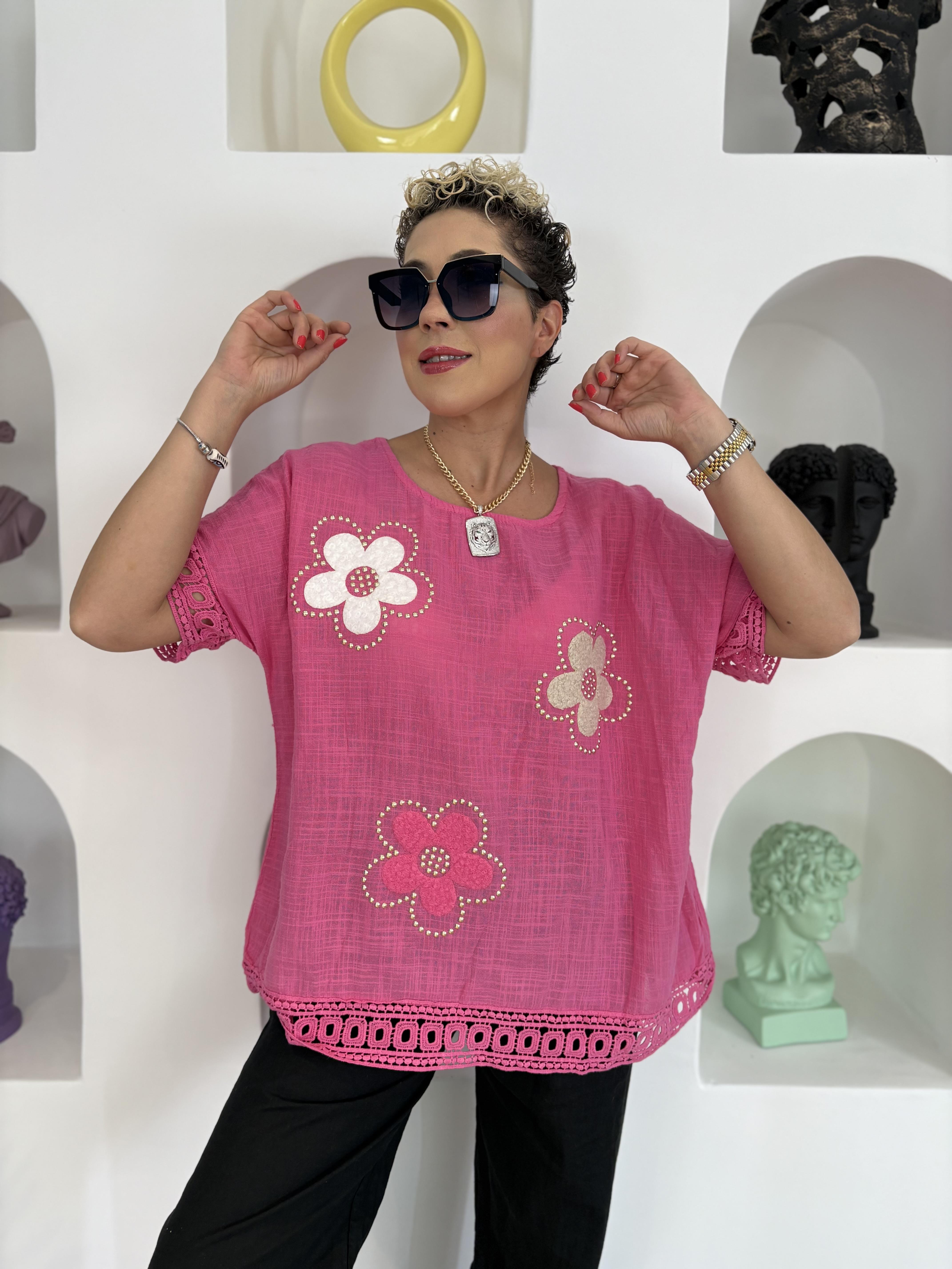 İtalyan Pamuk Keten Zımba ve Fisto Detay Pembe Bluz