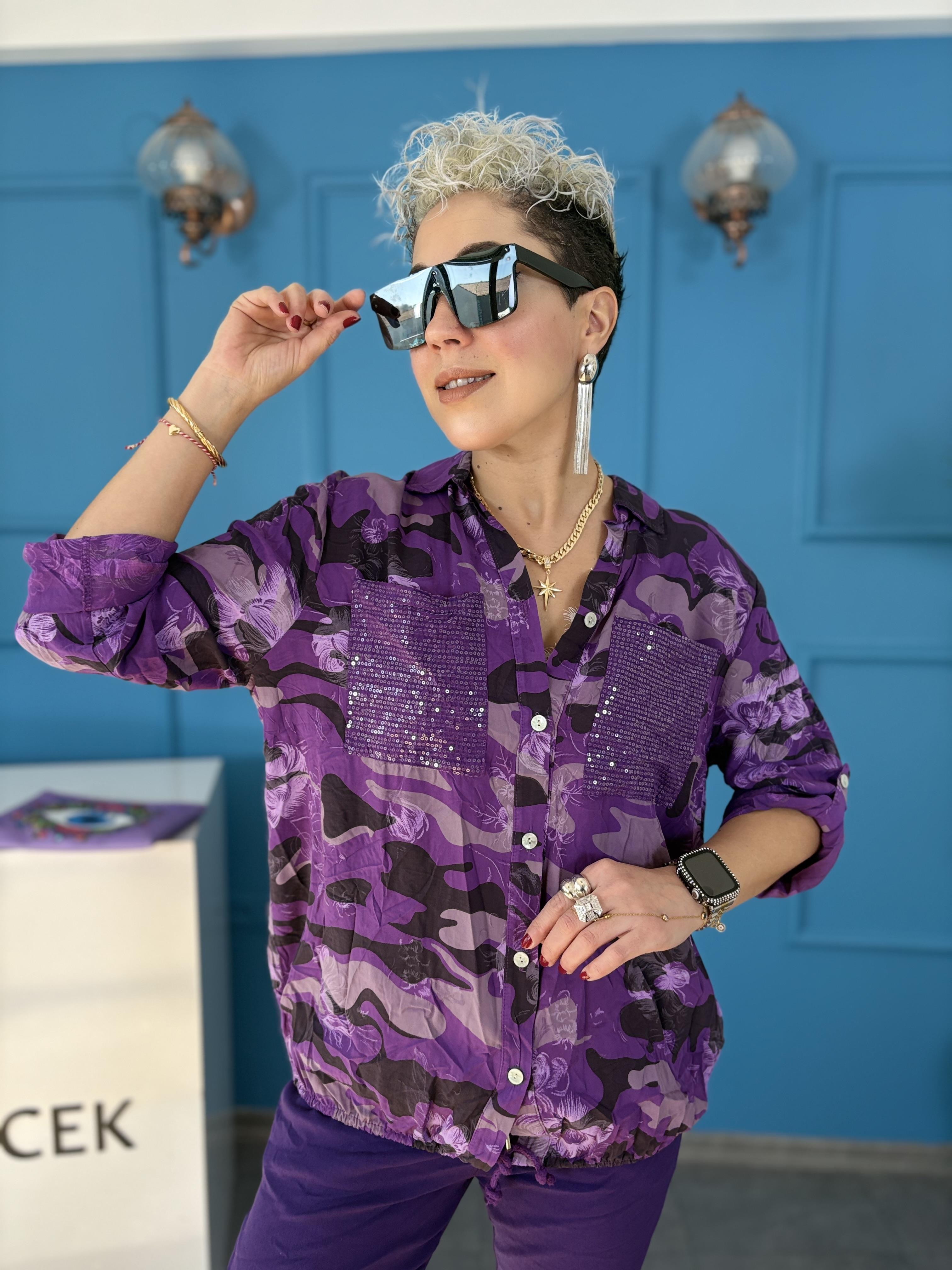 İtalyan Payet Cep Detaylı Kamuflaj Mor Gömlek