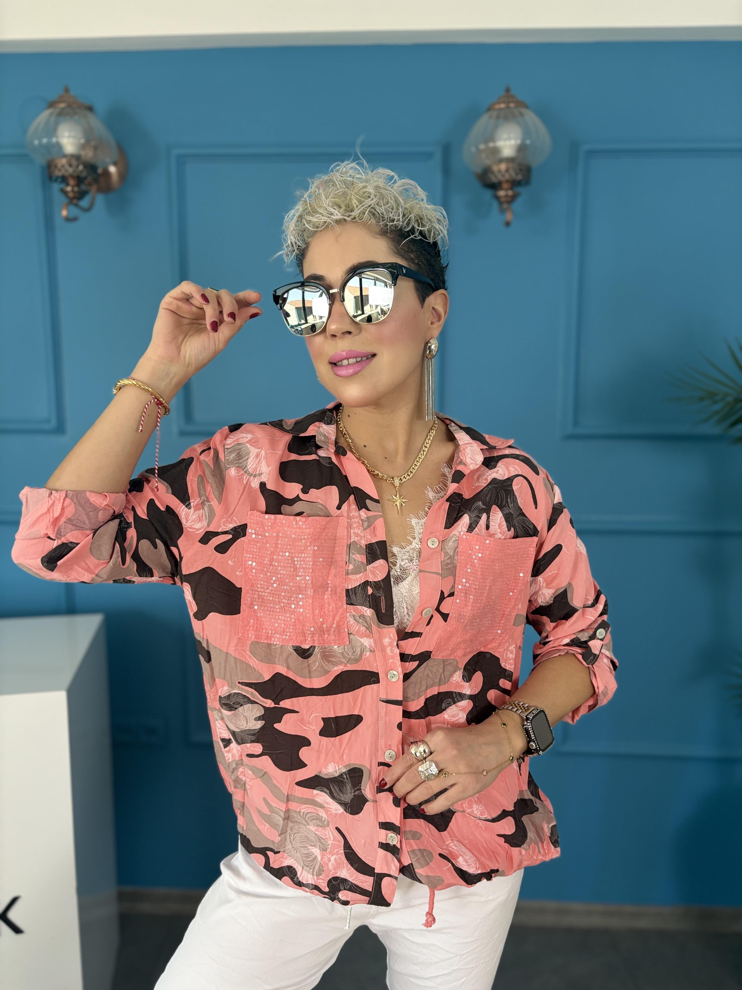 İtalyan Payet Cep Detaylı Kamuflaj Somon Gömlek