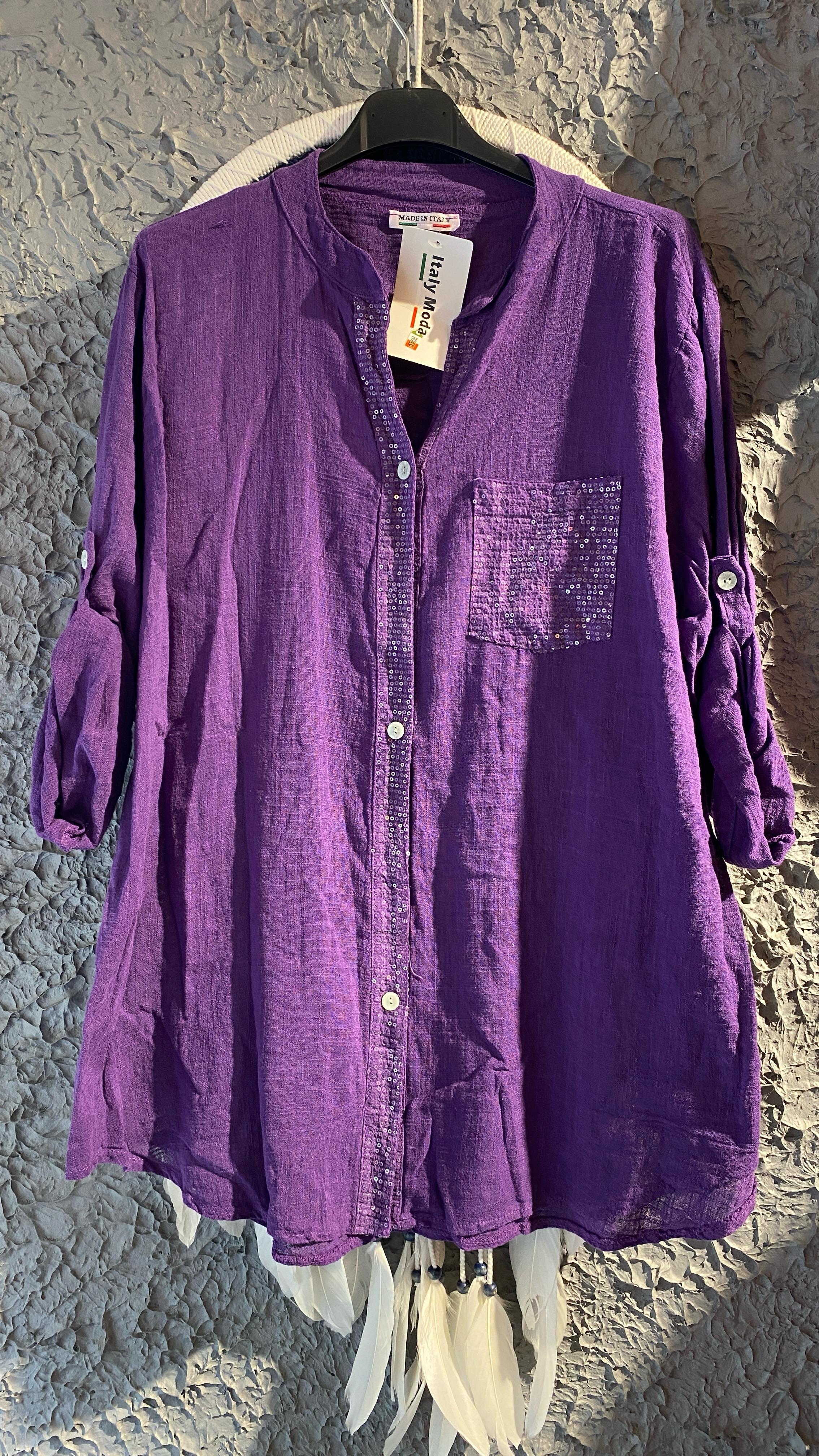 İtalyan Payetli Mor Keten Gömlek