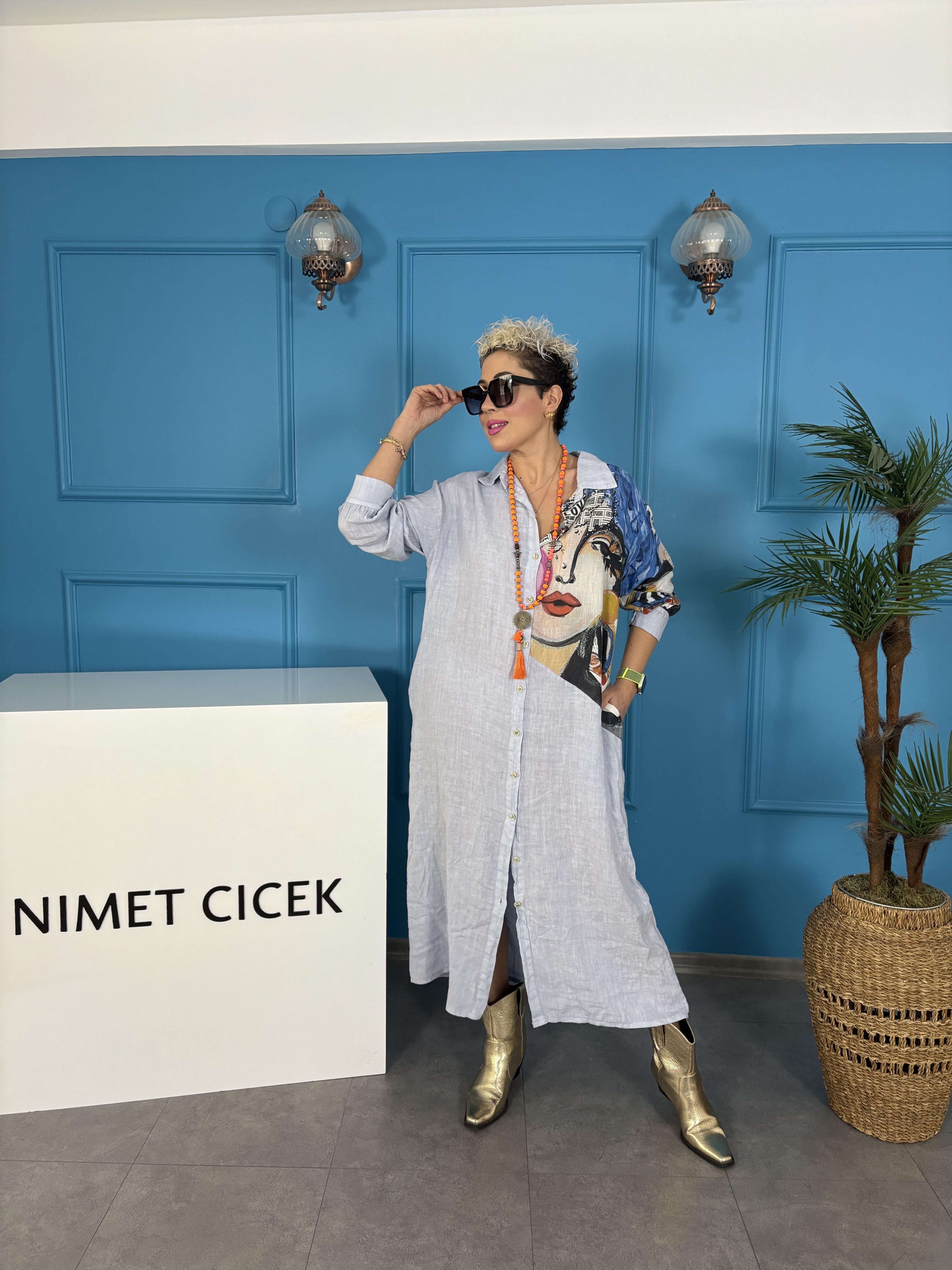 İtalyan Tasarım Bebe Mavisi Pamuk Keten Elbise
