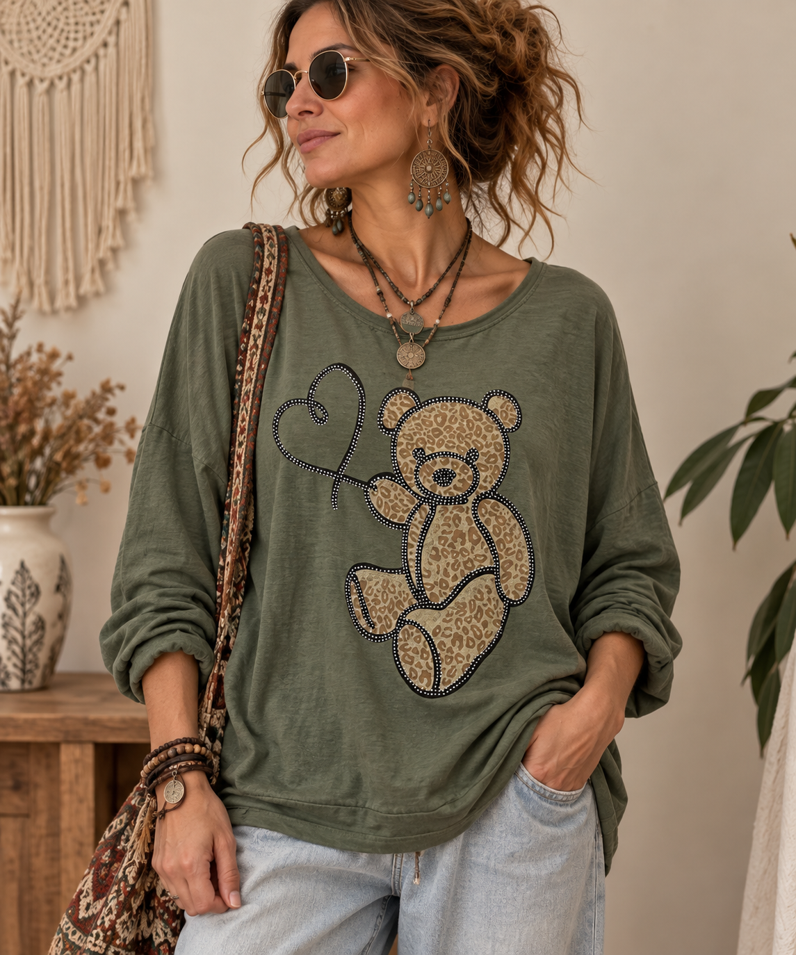 İtalyan Taşlı Teddy Haki Bluz