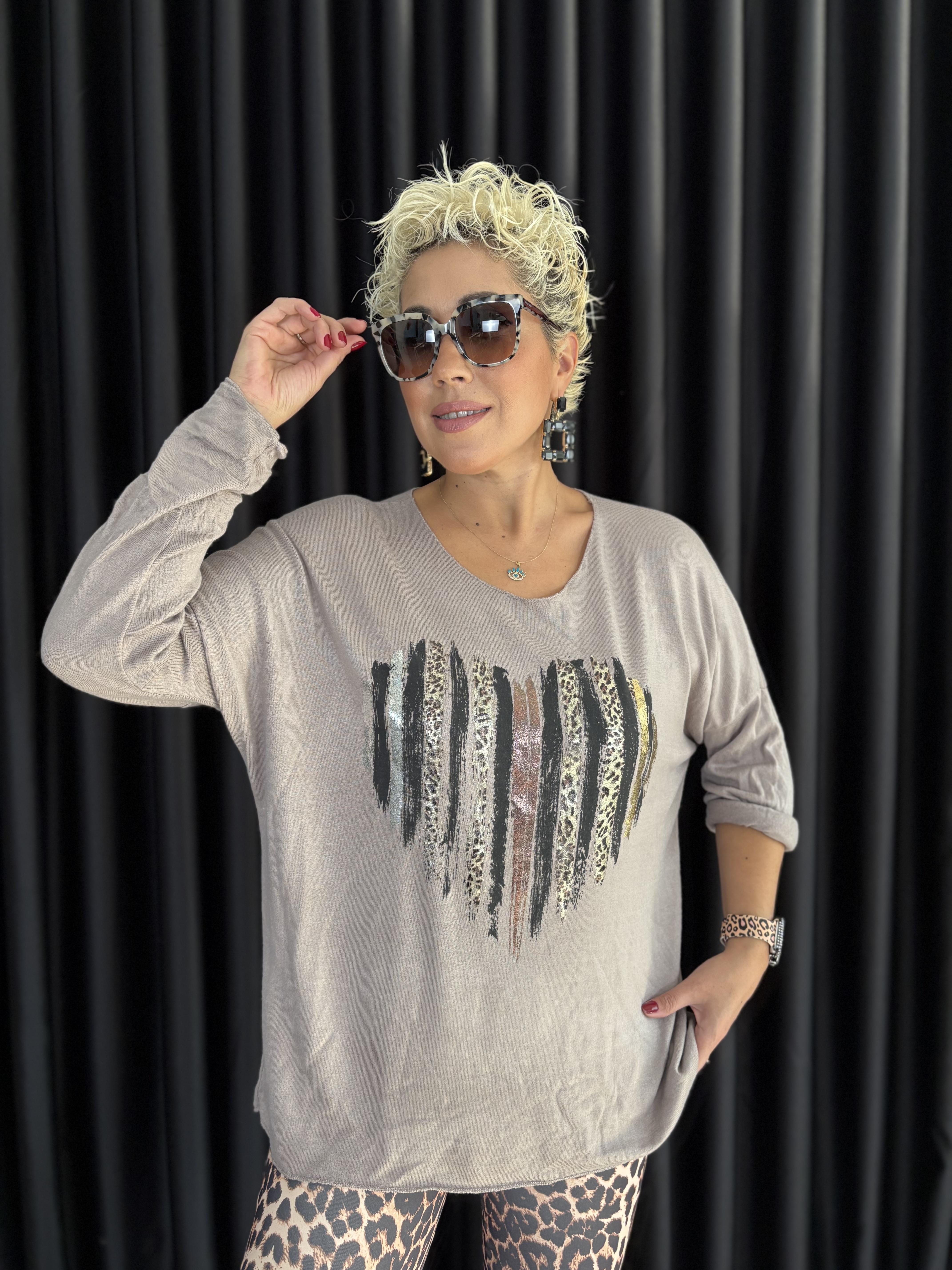 İtalyan Varak ve Leopar Detaylı Angora Vizon Bluz