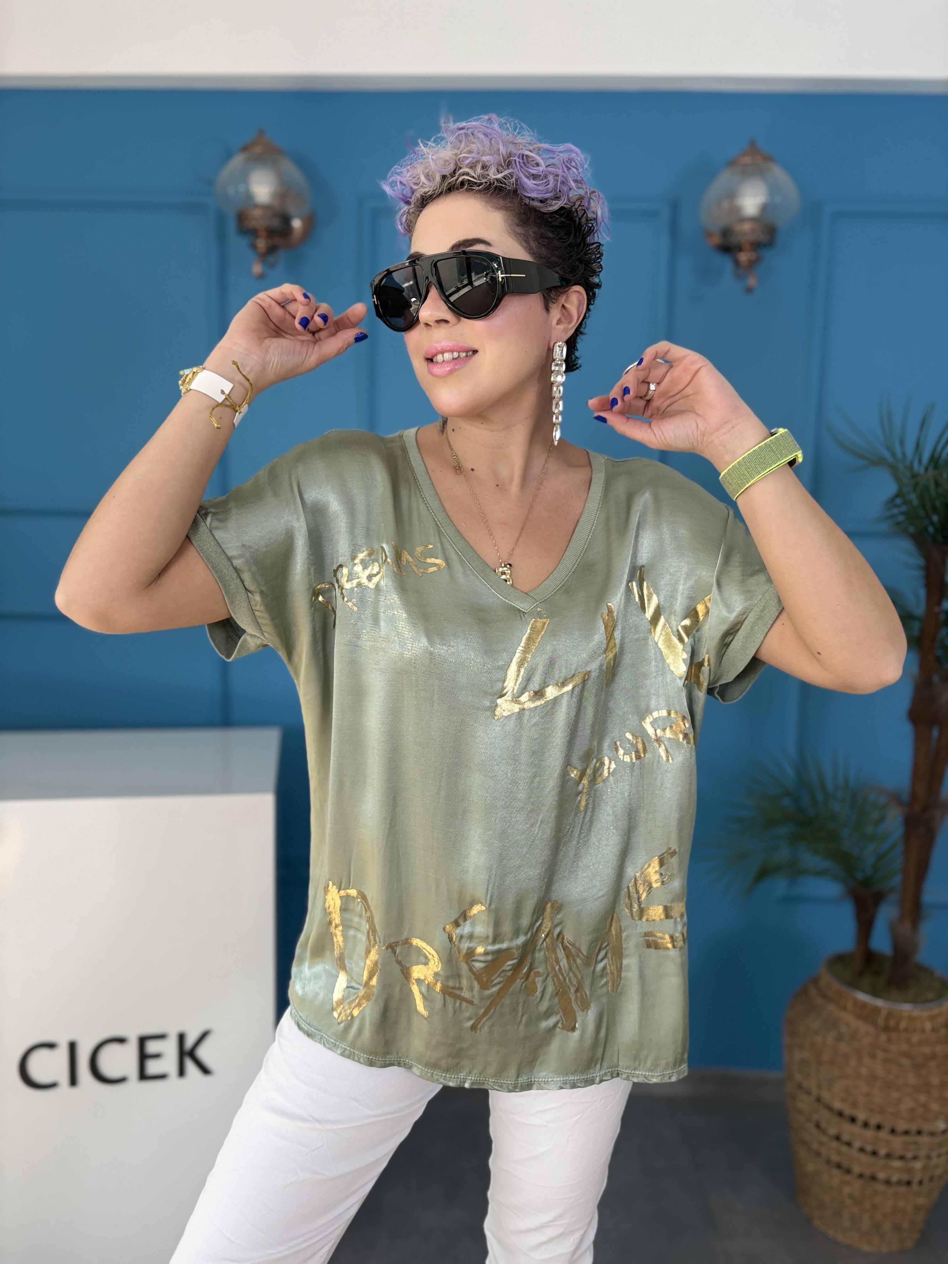 İtalyan Varak Yazı Detaylı Haki Bluz