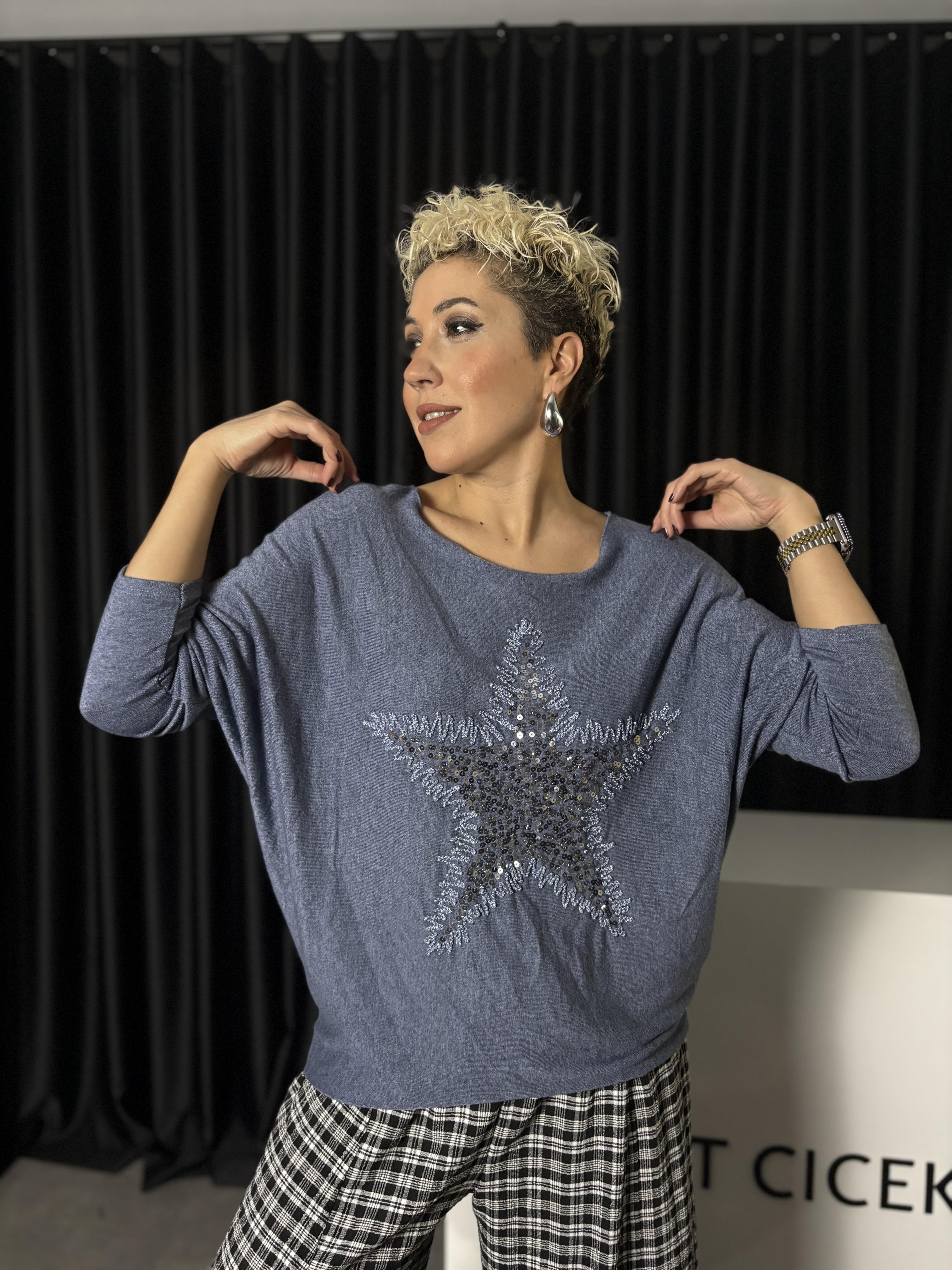 İtalyan Yıldız Payet Detaylı Mavi Bluz