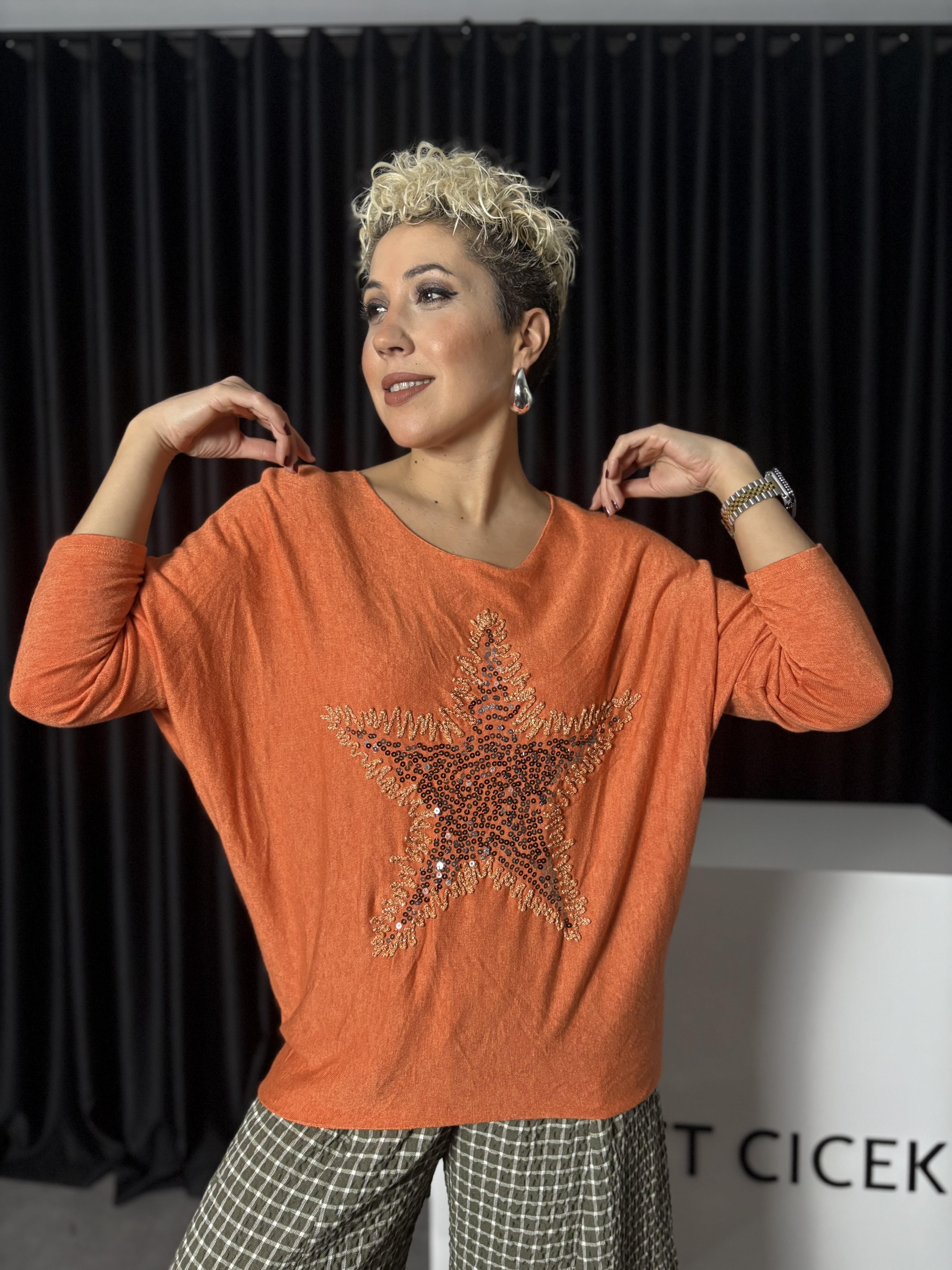 İtalyan Yıldız Payet Detaylı Turuncu Bluz