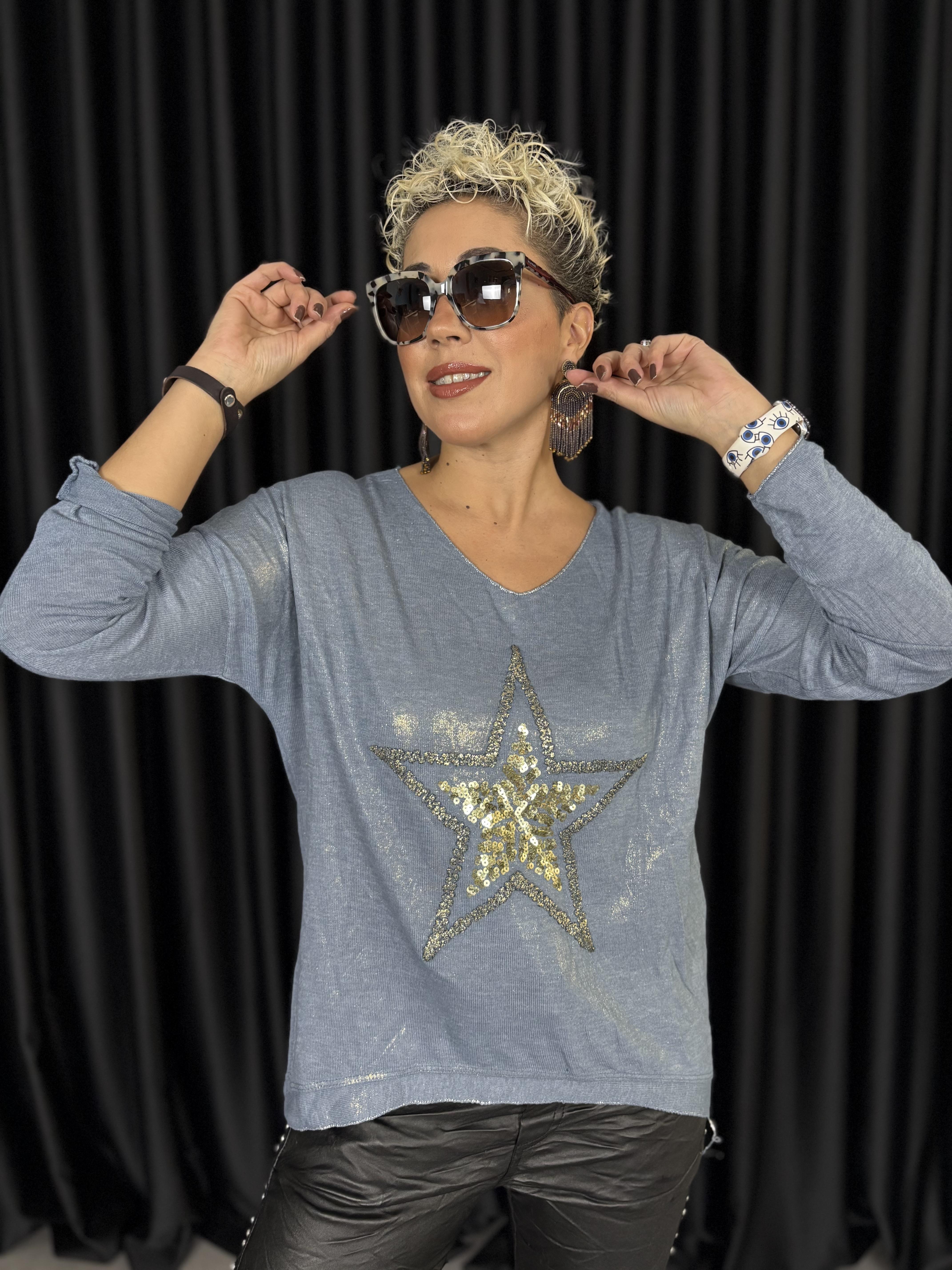 İtalyan Yıldız Payet İşlemeli Varaklı Mavi Bluz