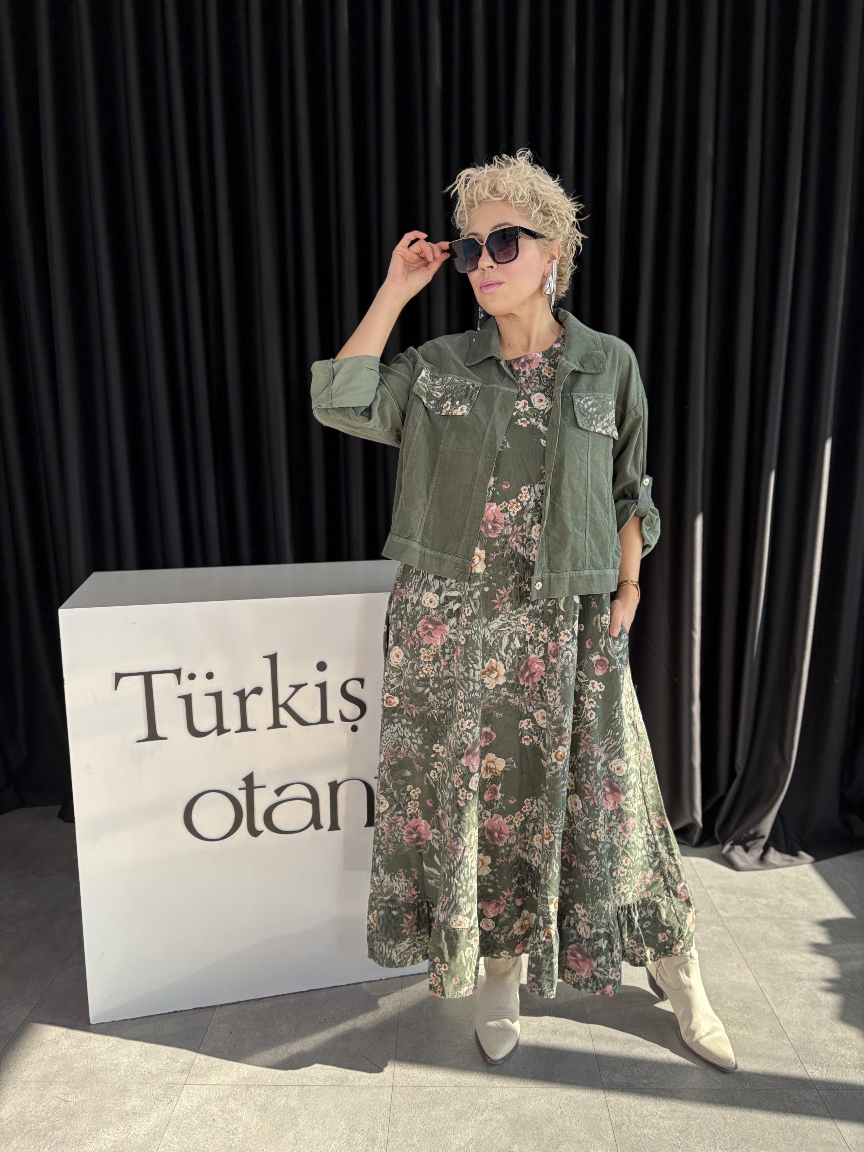 İthal Ceketli Haki Kadife Elbise