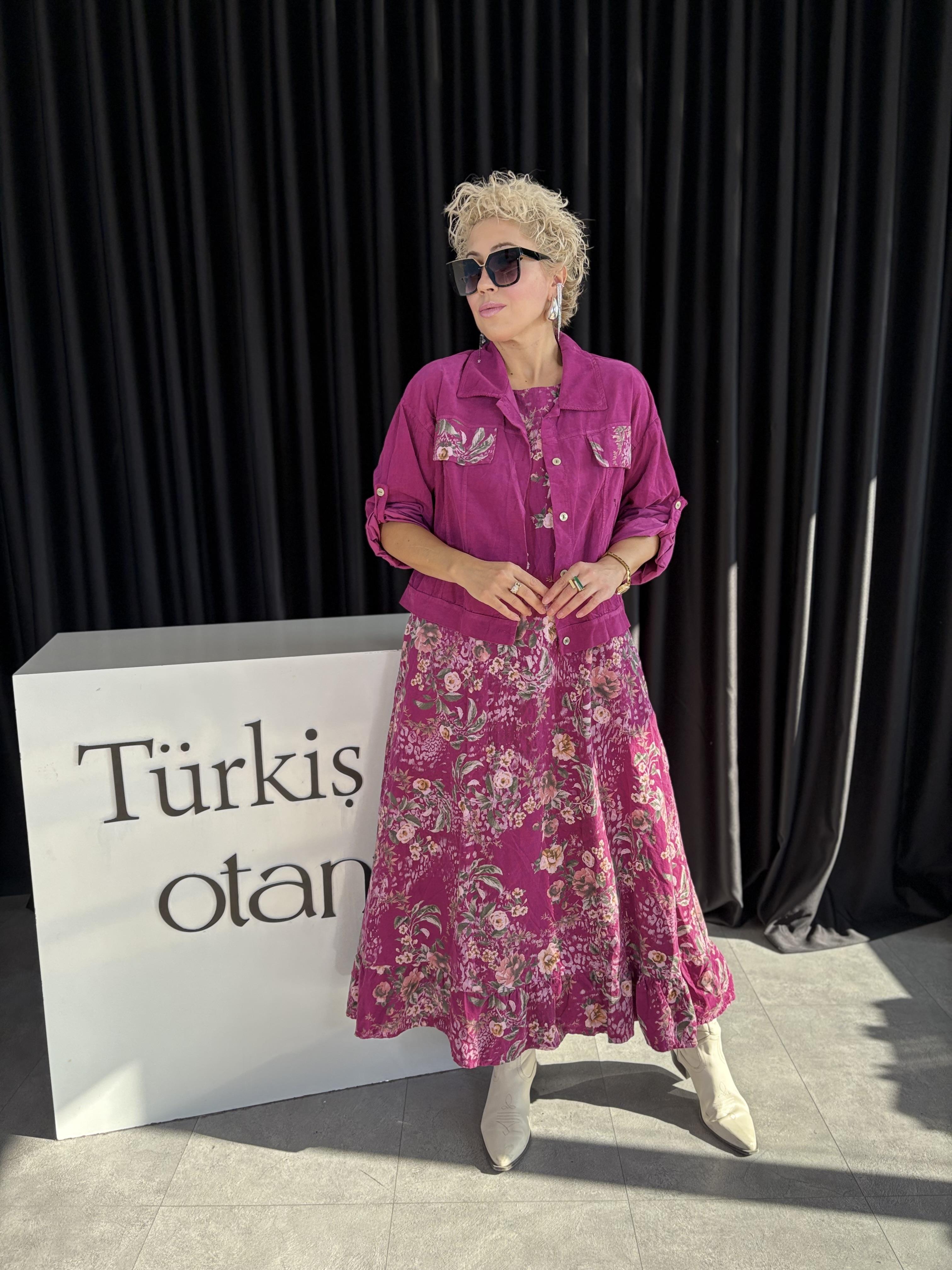 İthal Ceketli Pembe Kadife Elbise