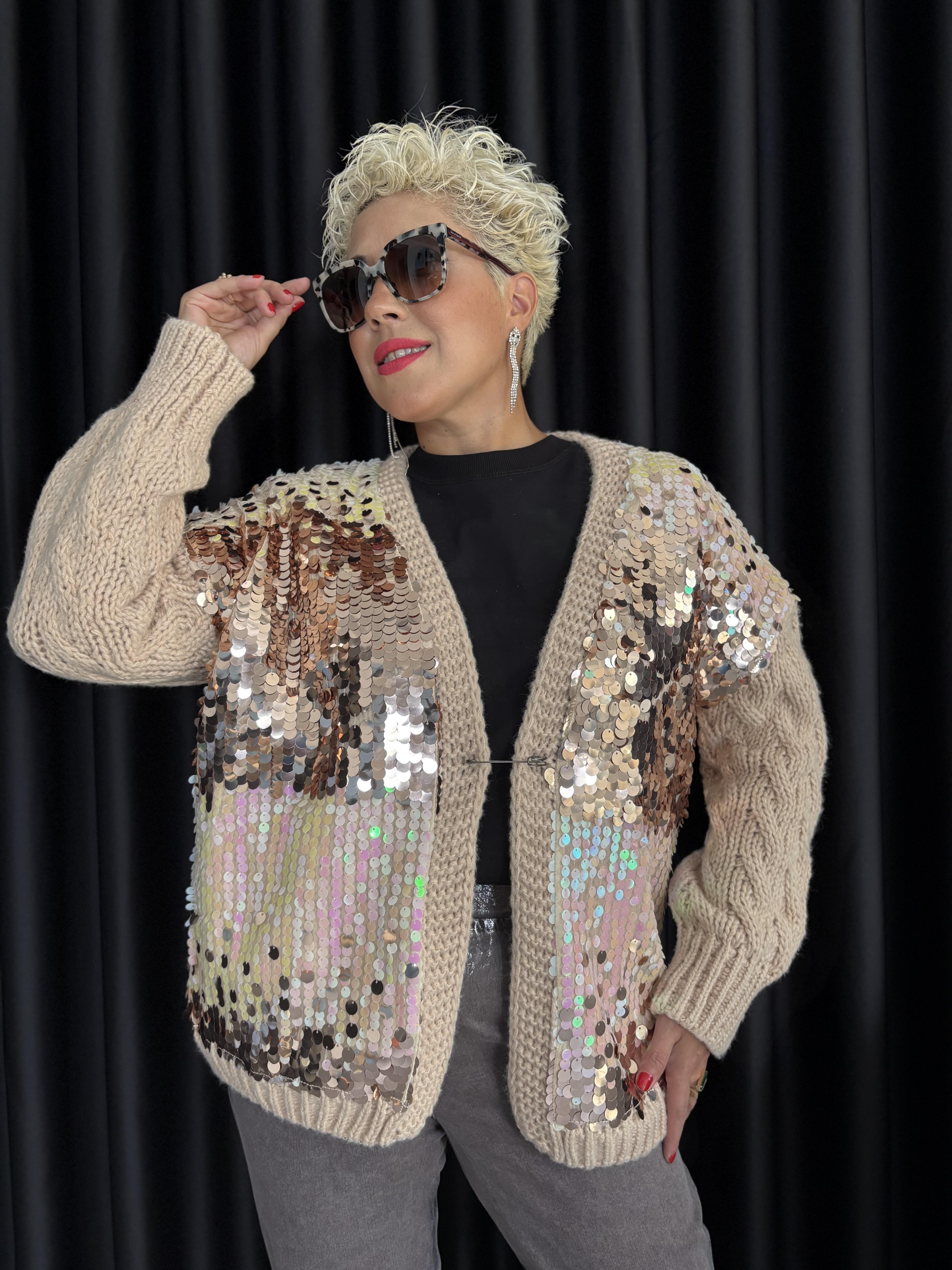 İthal Önü Payetli Camel Hırka