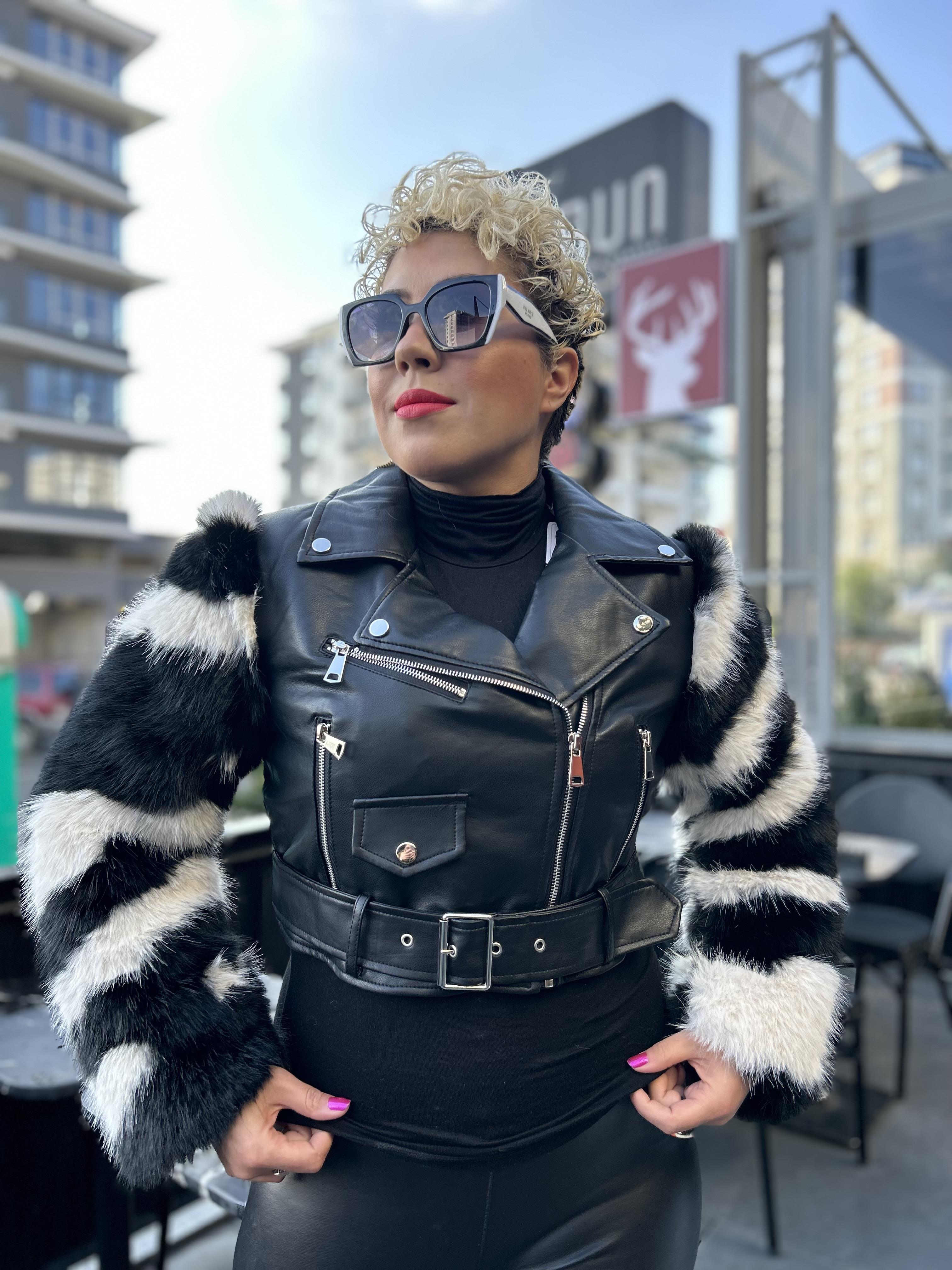 İthal Paris Ürünü Kolları Kürklü Tasarım Deri Ceket