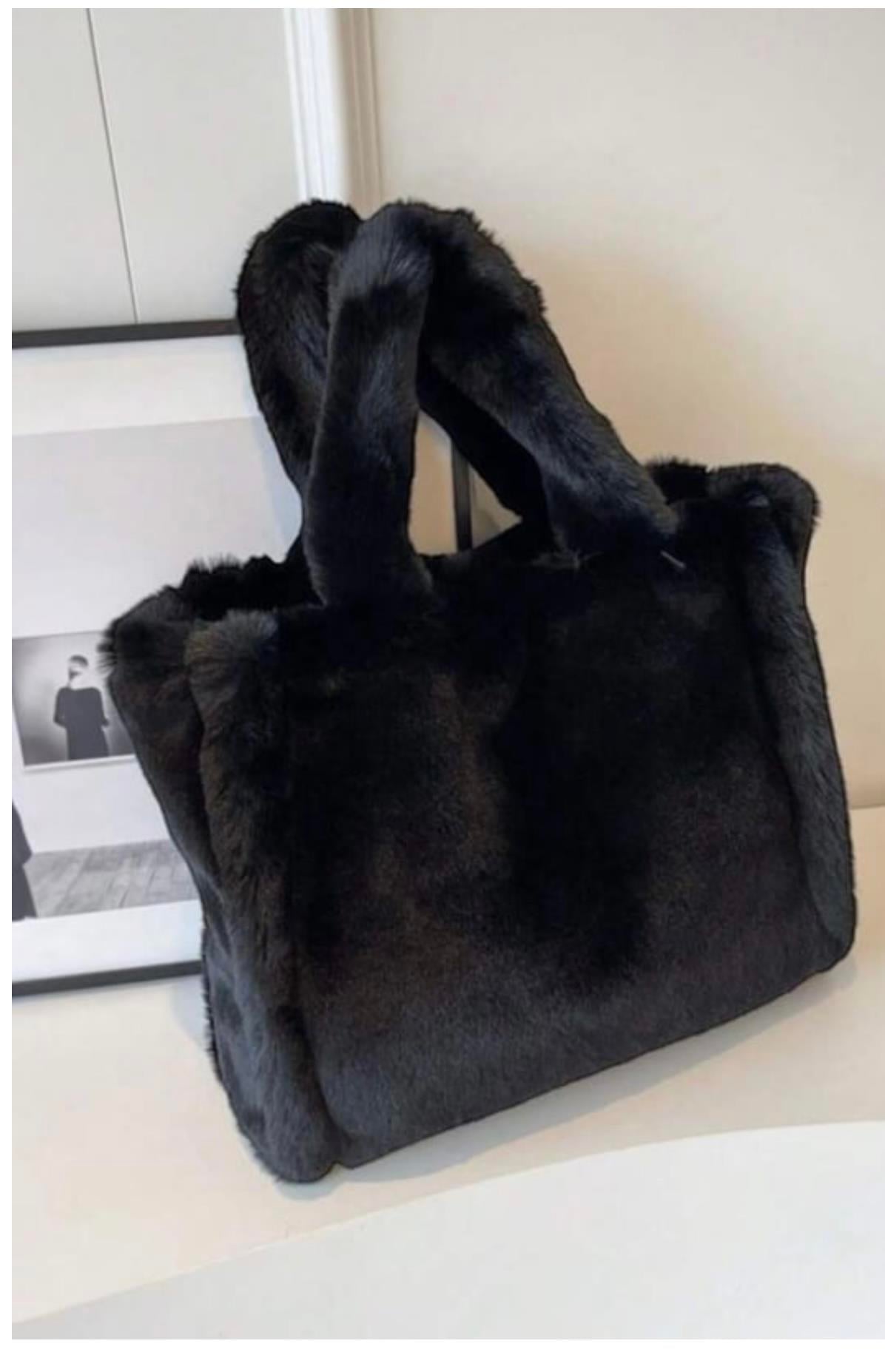 İthal Peluş Siyah Tote Bag Omuz Çantası