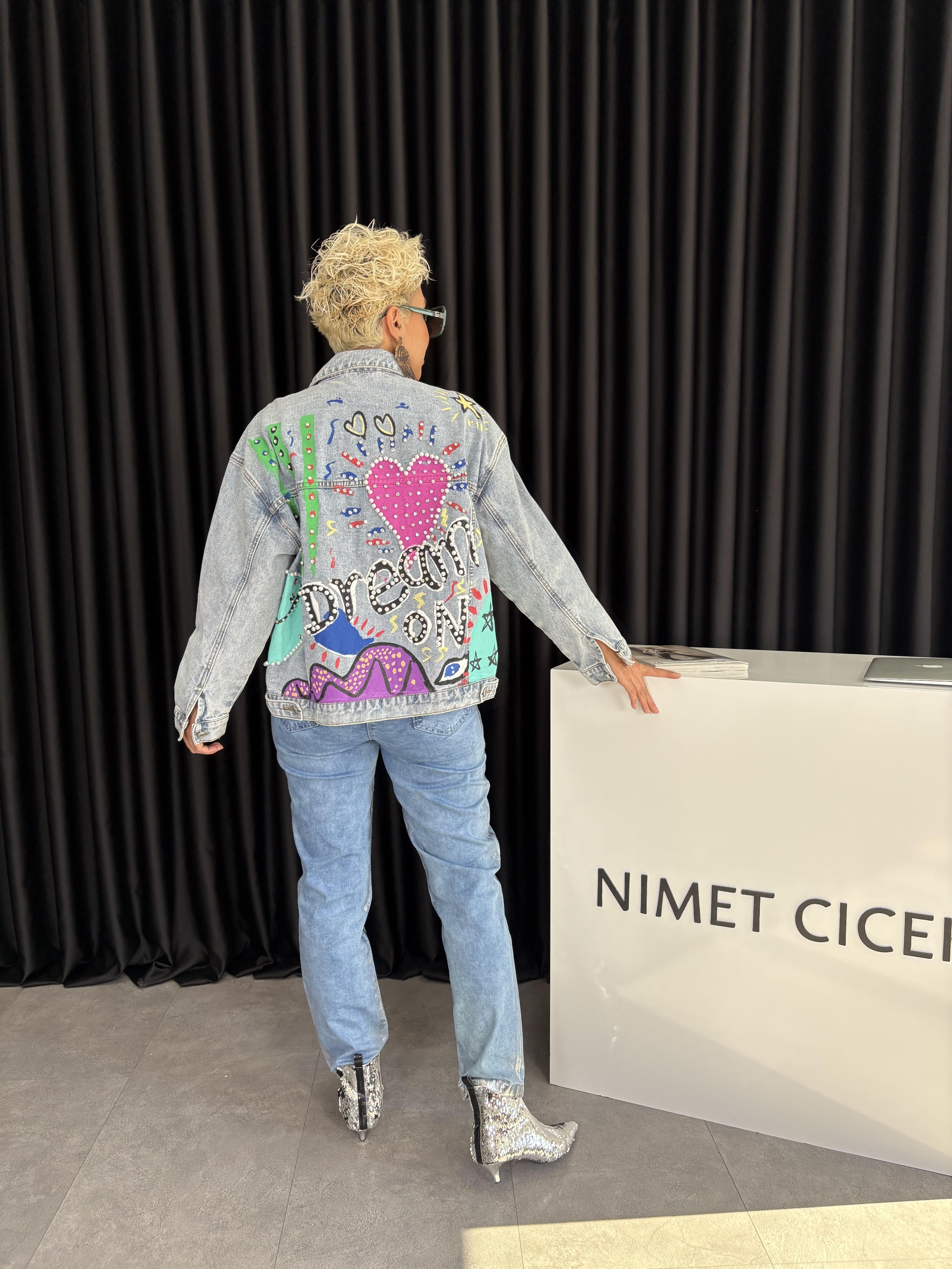 İthal Tasarım İnci Ve Taş İşlemeli Denim Ceket