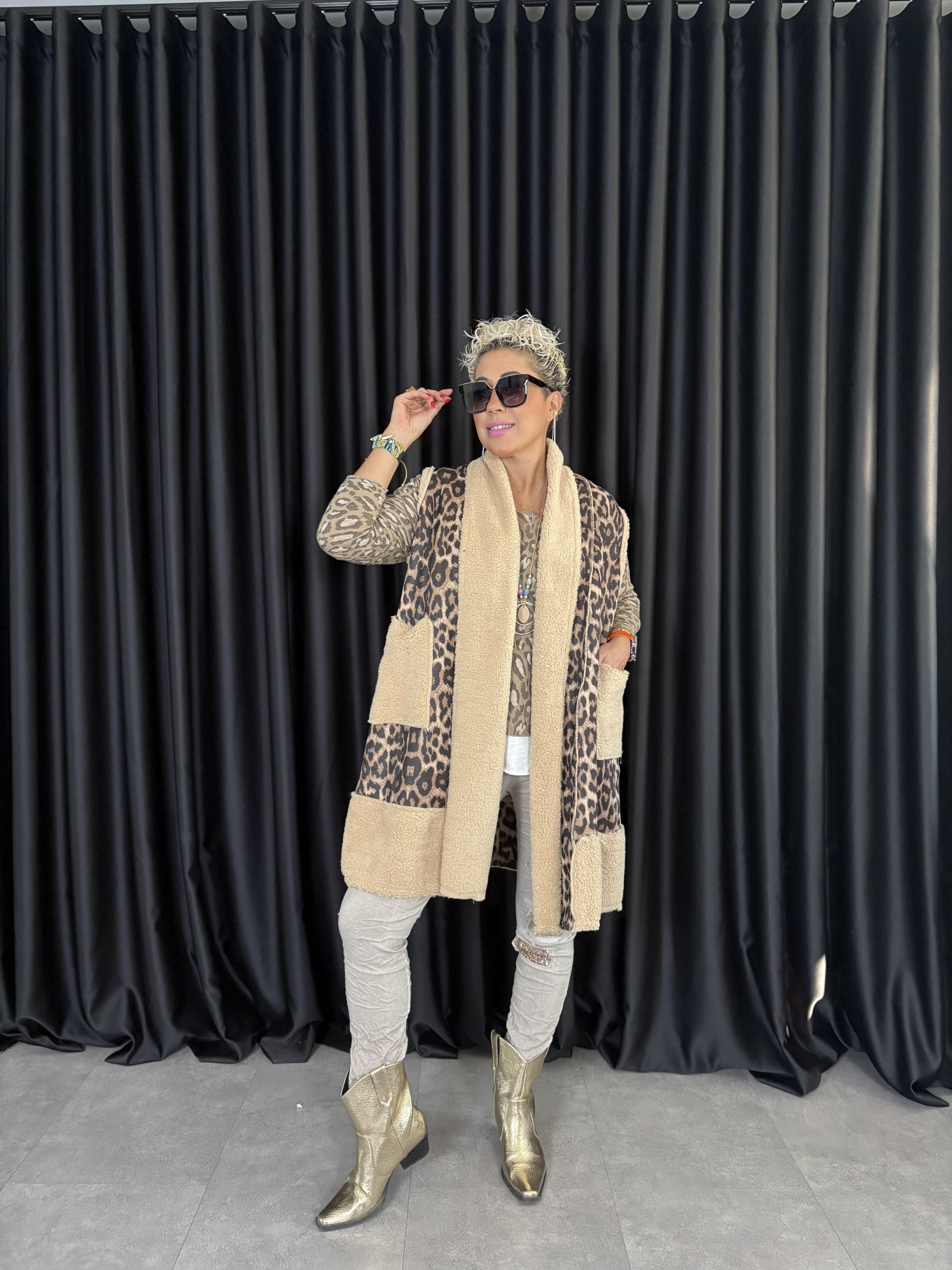 Kahve Leopar Kürklü Yelek