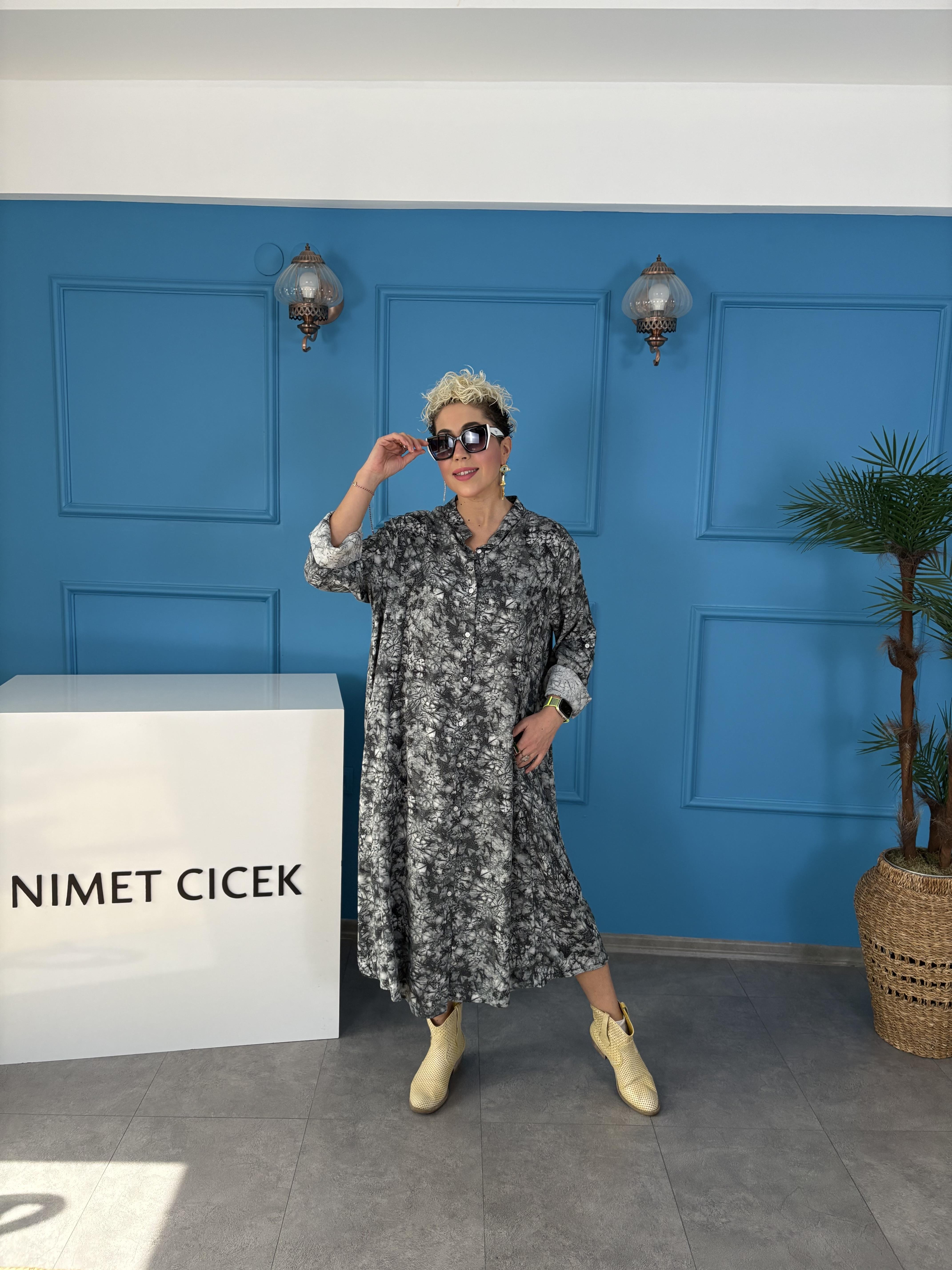 Karışık Desenli Gri Gömlek Elbise