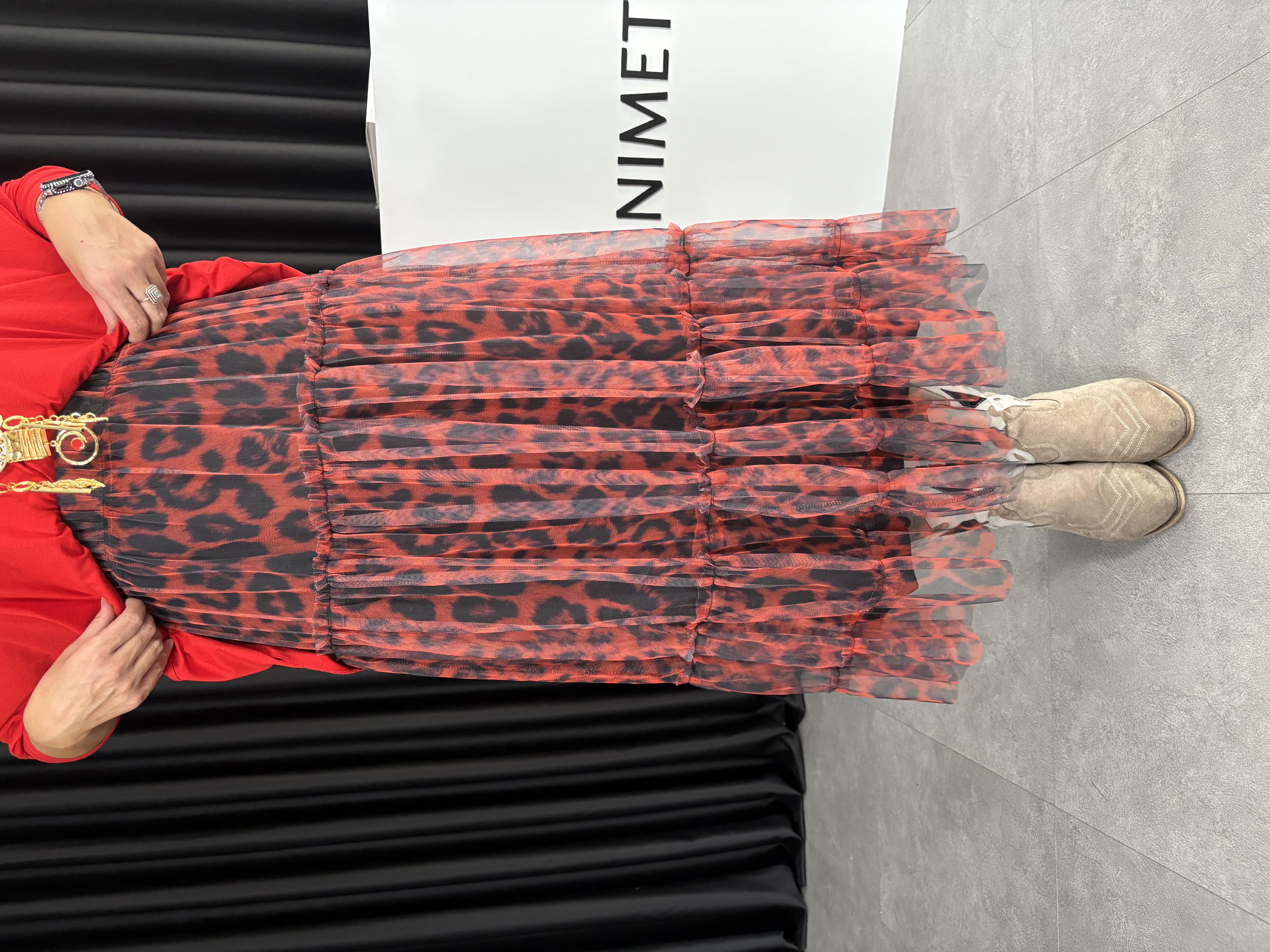 Kırmızı Leopar Tül Etek