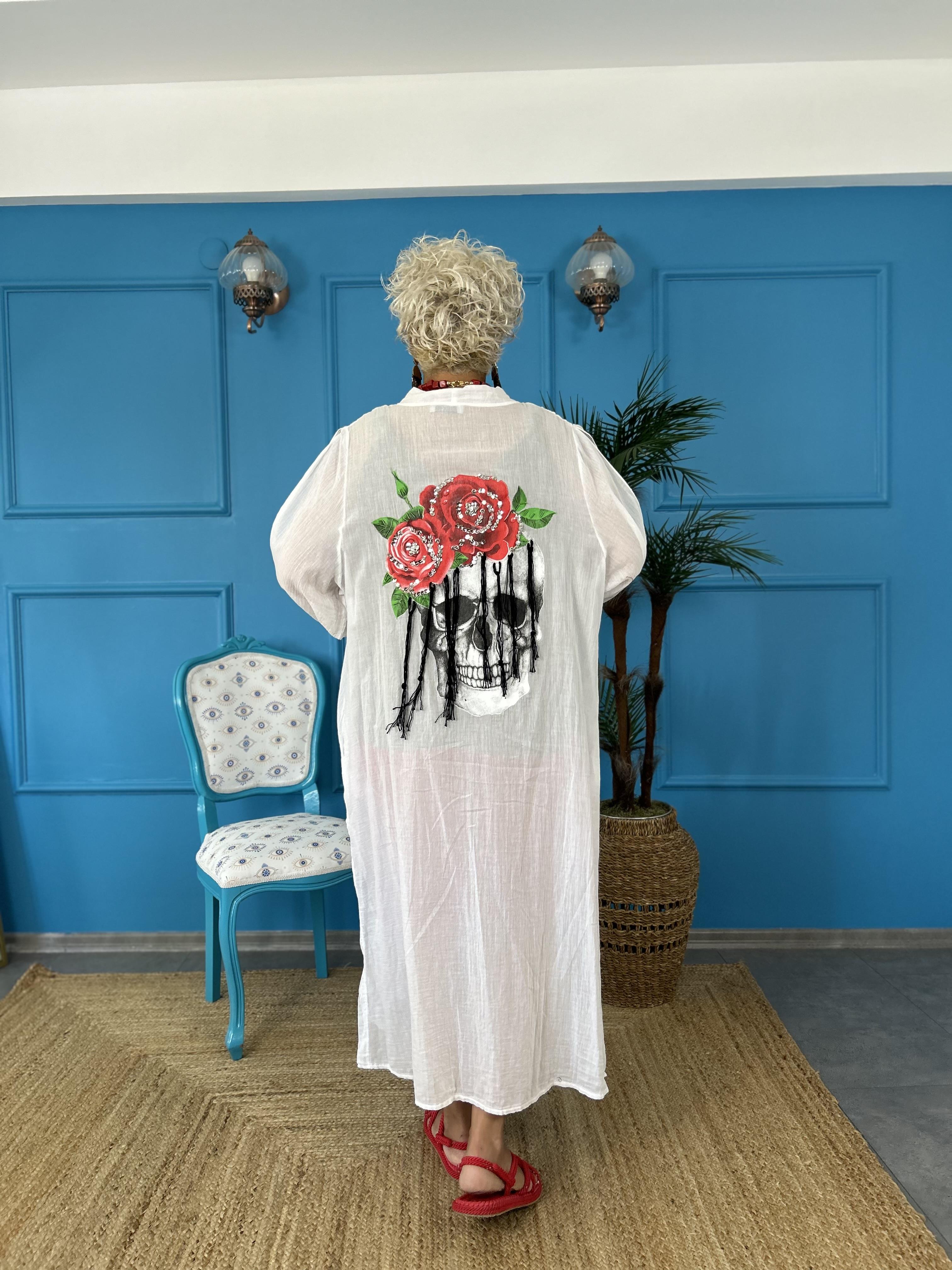 Kuru Kafa Detaylı İtalyan Tasarım Pamuk Keten Beyaz Kimono