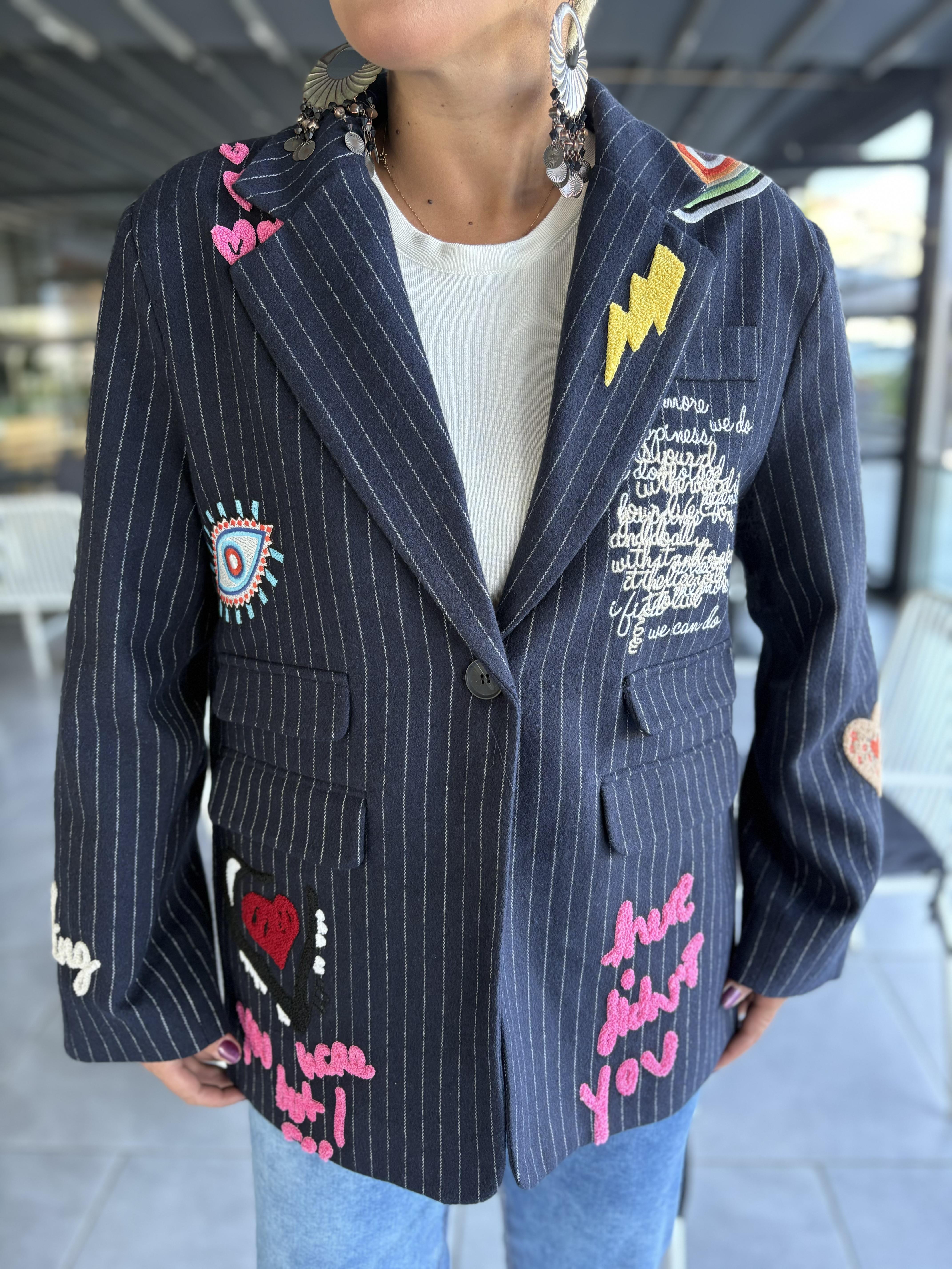 Lacivert Kaşe Tasarım Çizgili Blazer Ceket