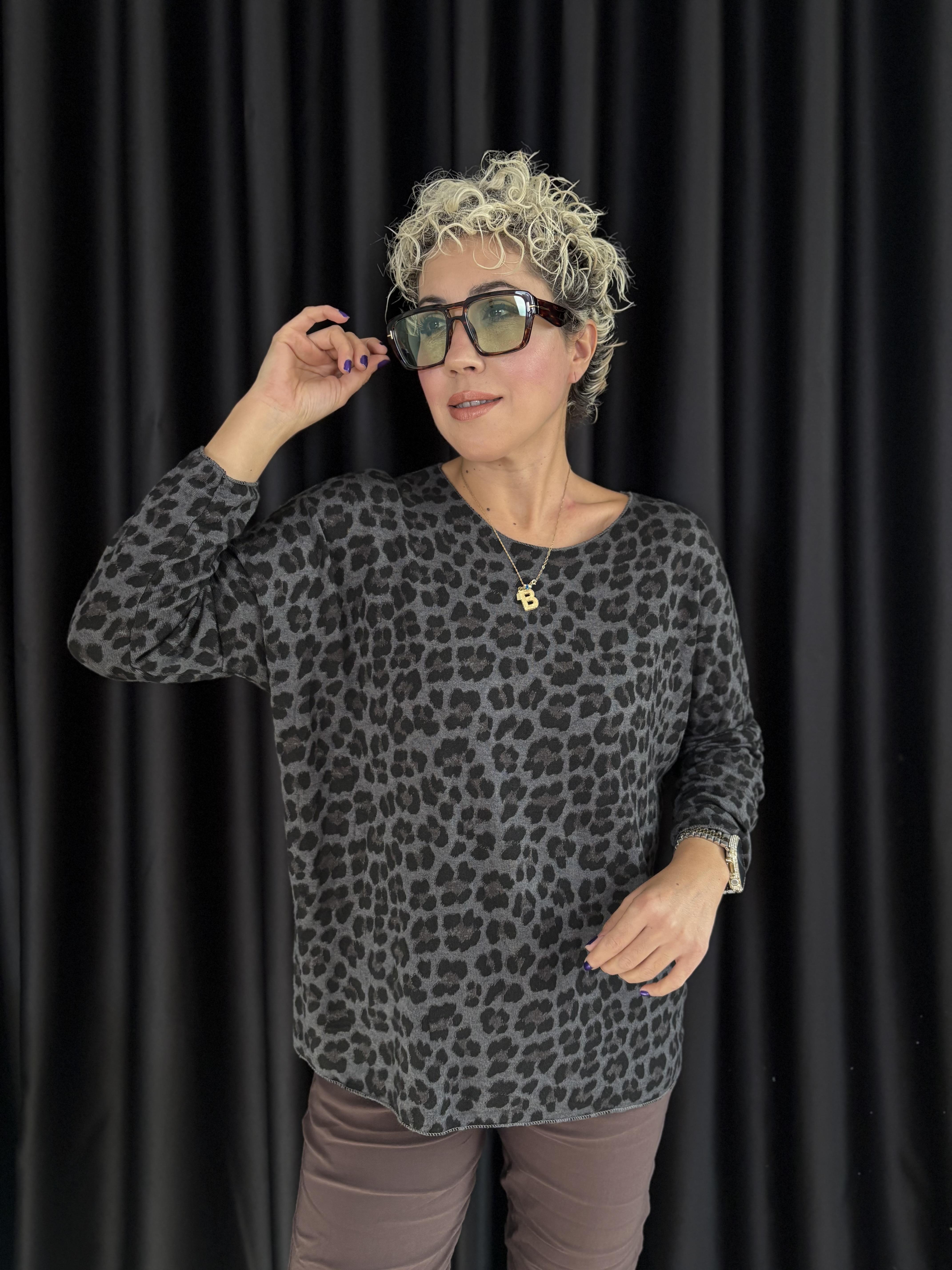 Leopar Desen Antrasit İtalyan Bluz