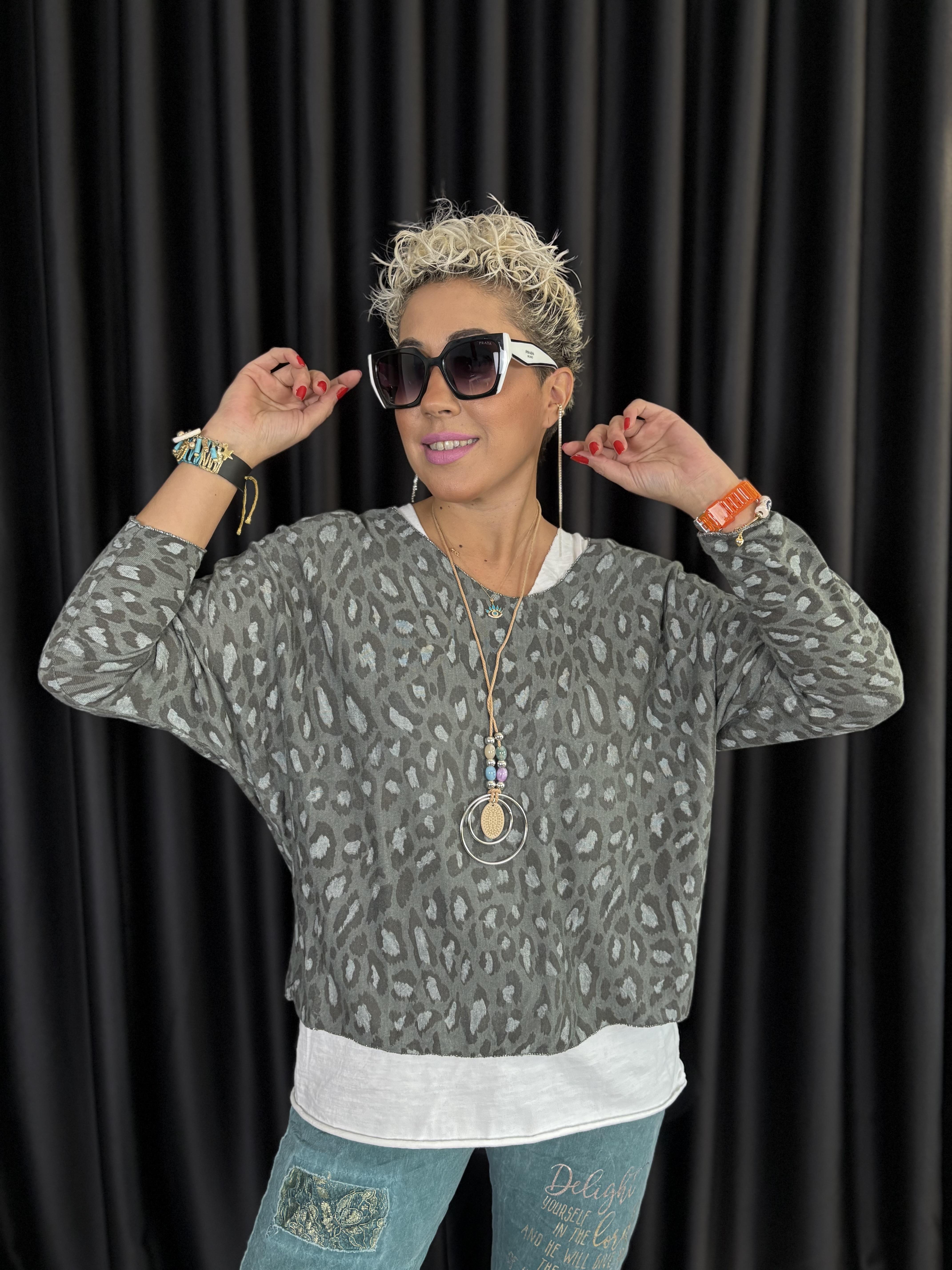 Leopar Desen Kolyeli İtalyan Haki İkili Bluz