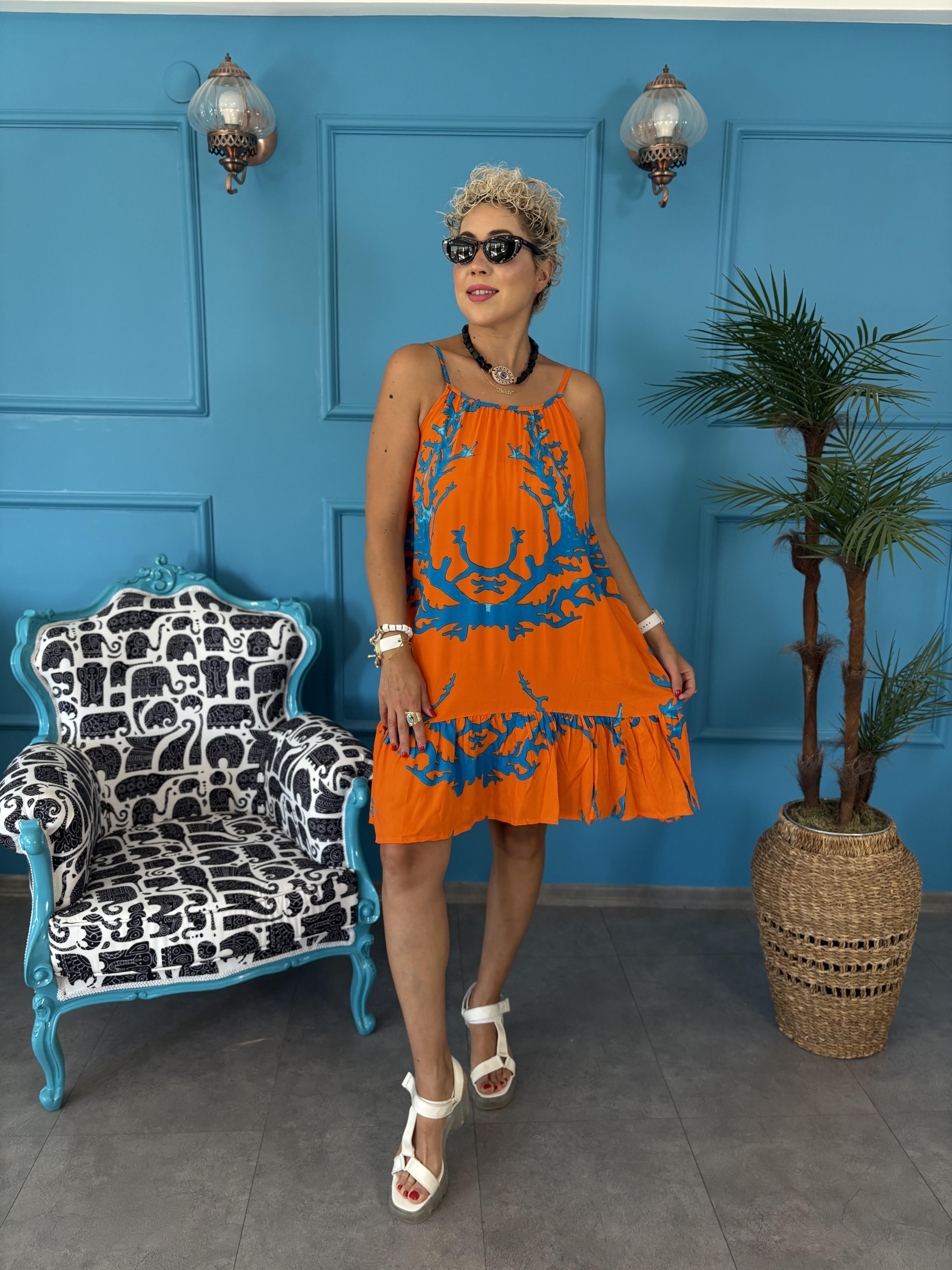 Mercan Desen Kısa Askılı Turuncu Elbise