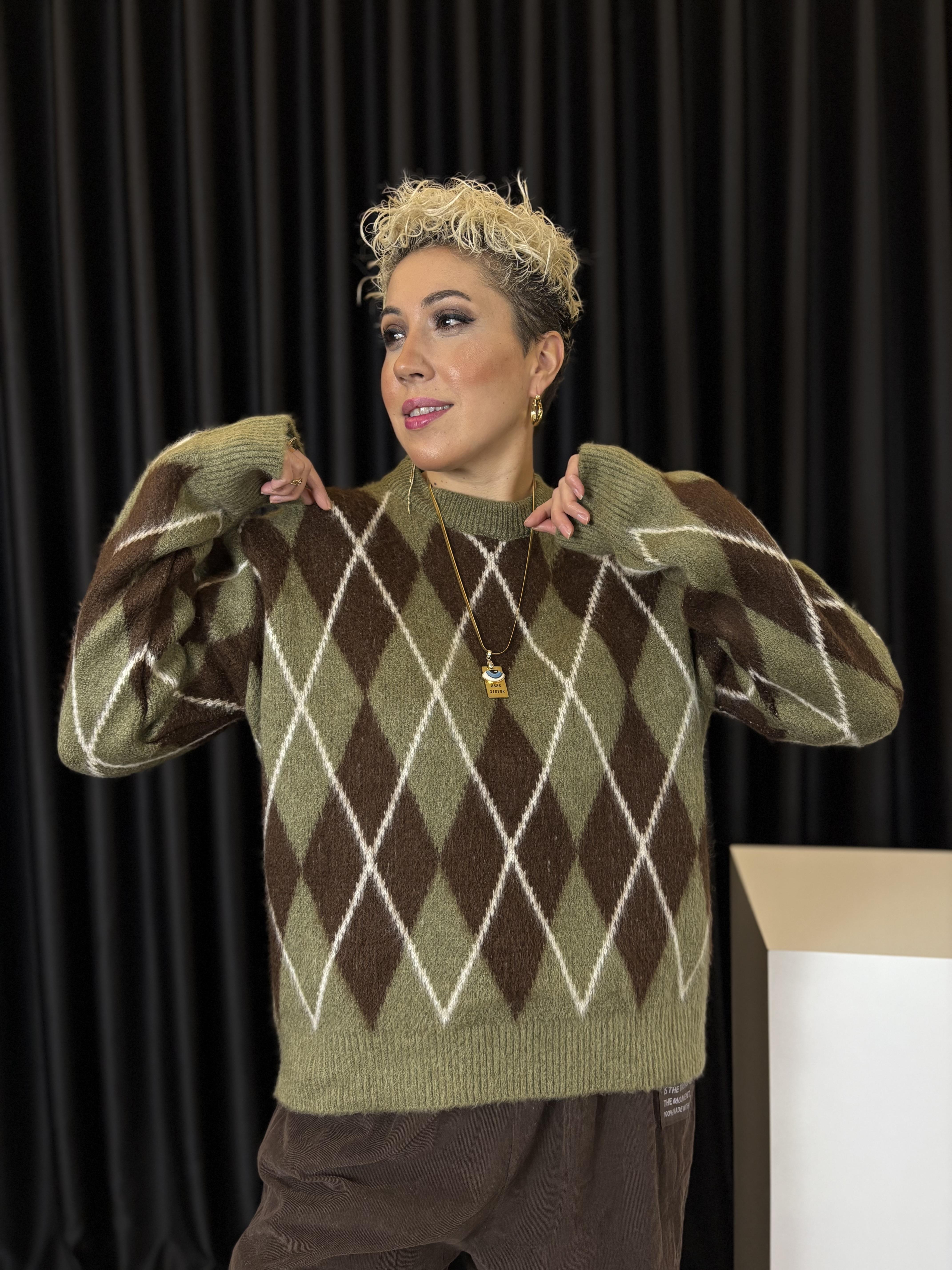 Orjinal Marka Baklava Desenli Haki Kazak