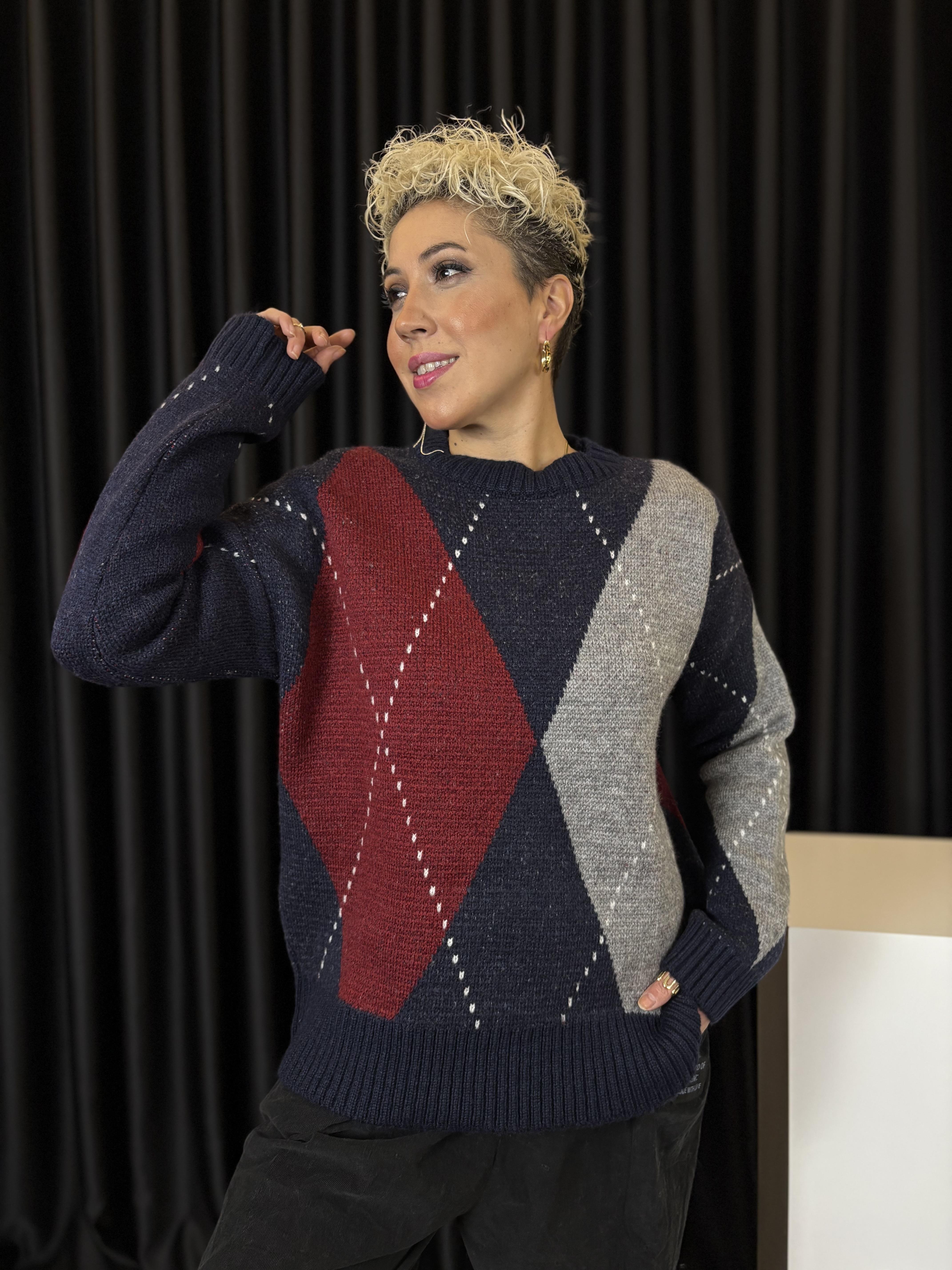 Orjinal Marka Baklava Desenli Lacivert Kazak