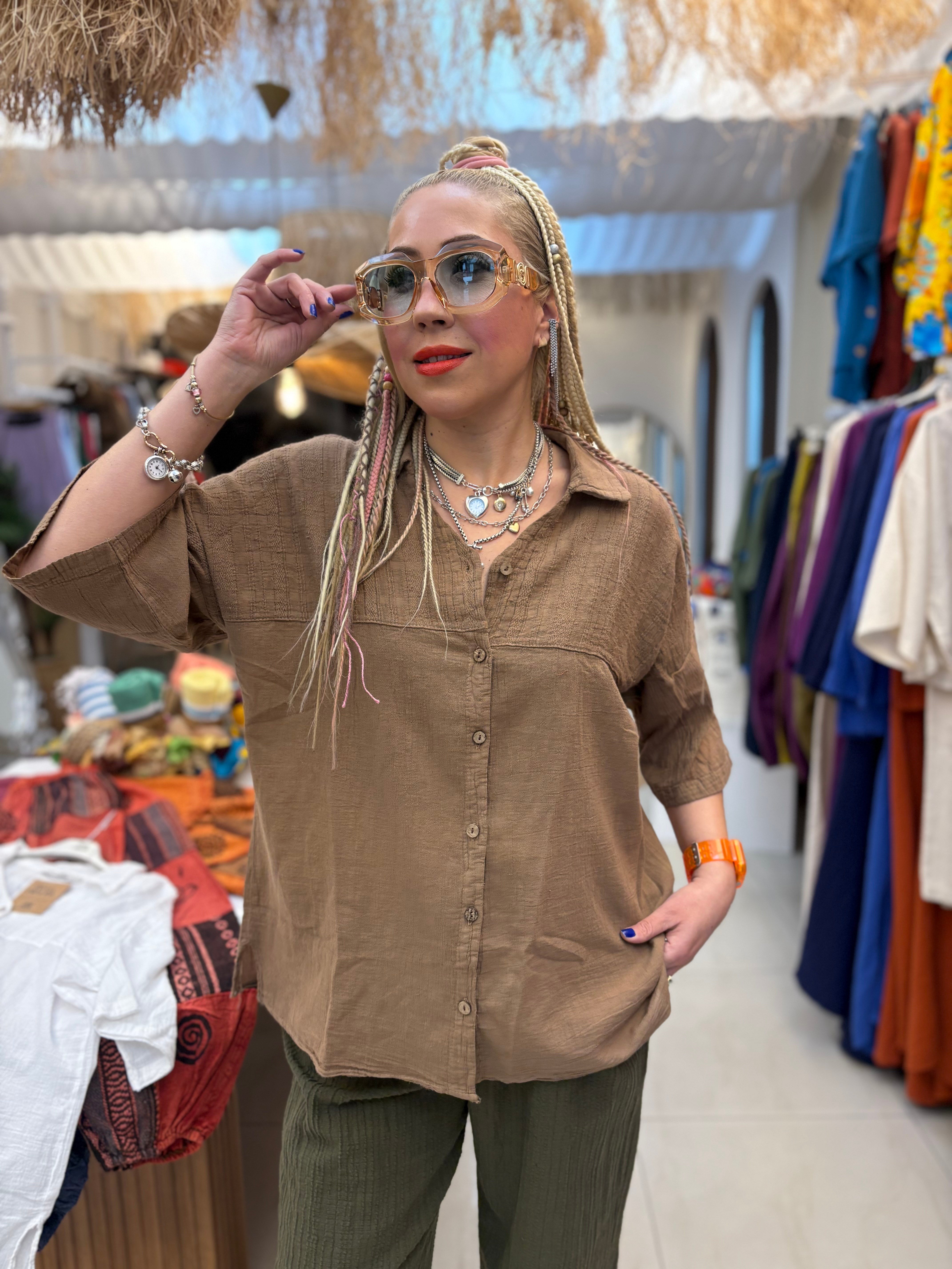 Pamuk Keten Ada Model Camel Gömlek