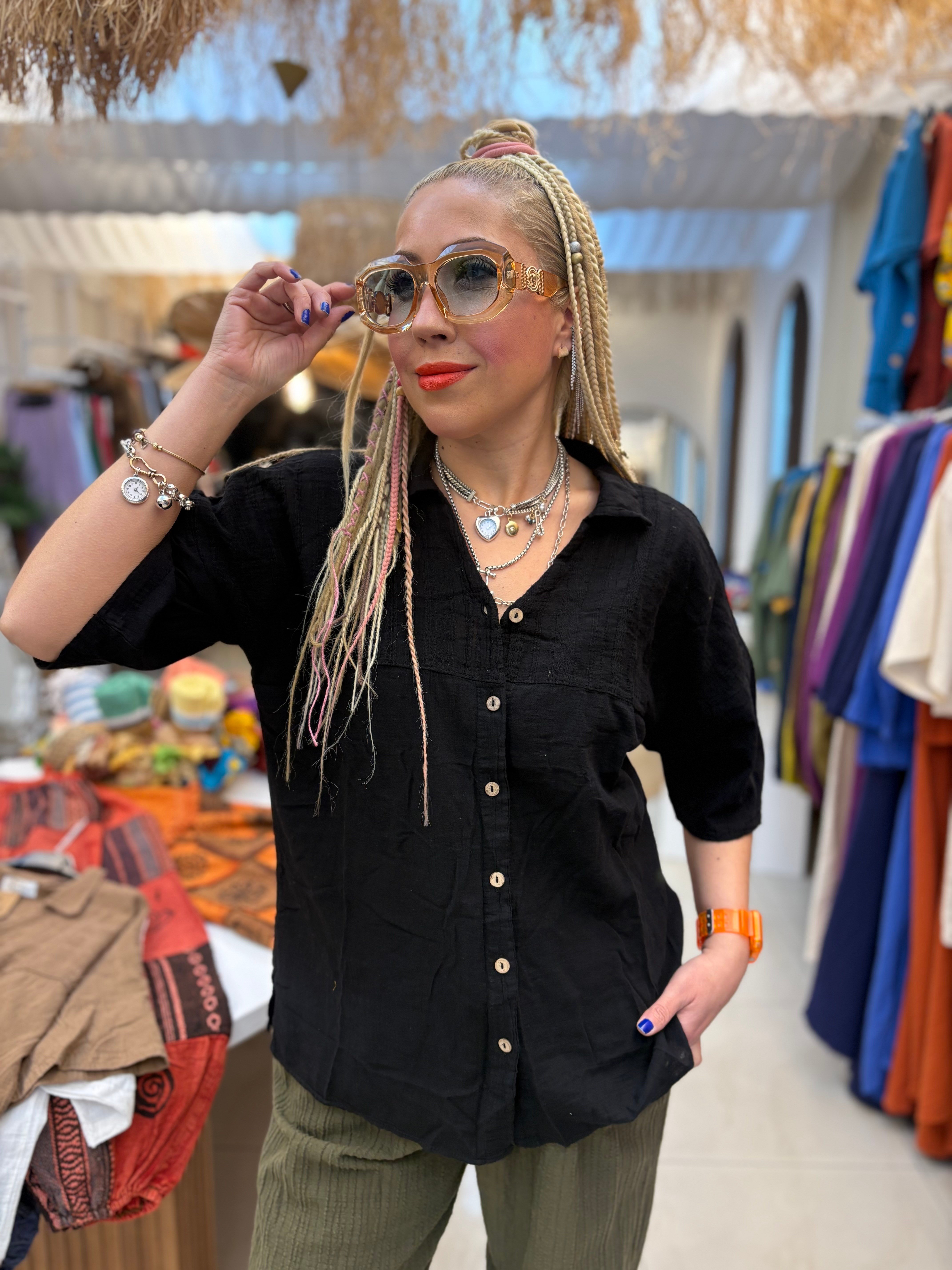 Pamuk Keten Ada Model Siyah Gömlek