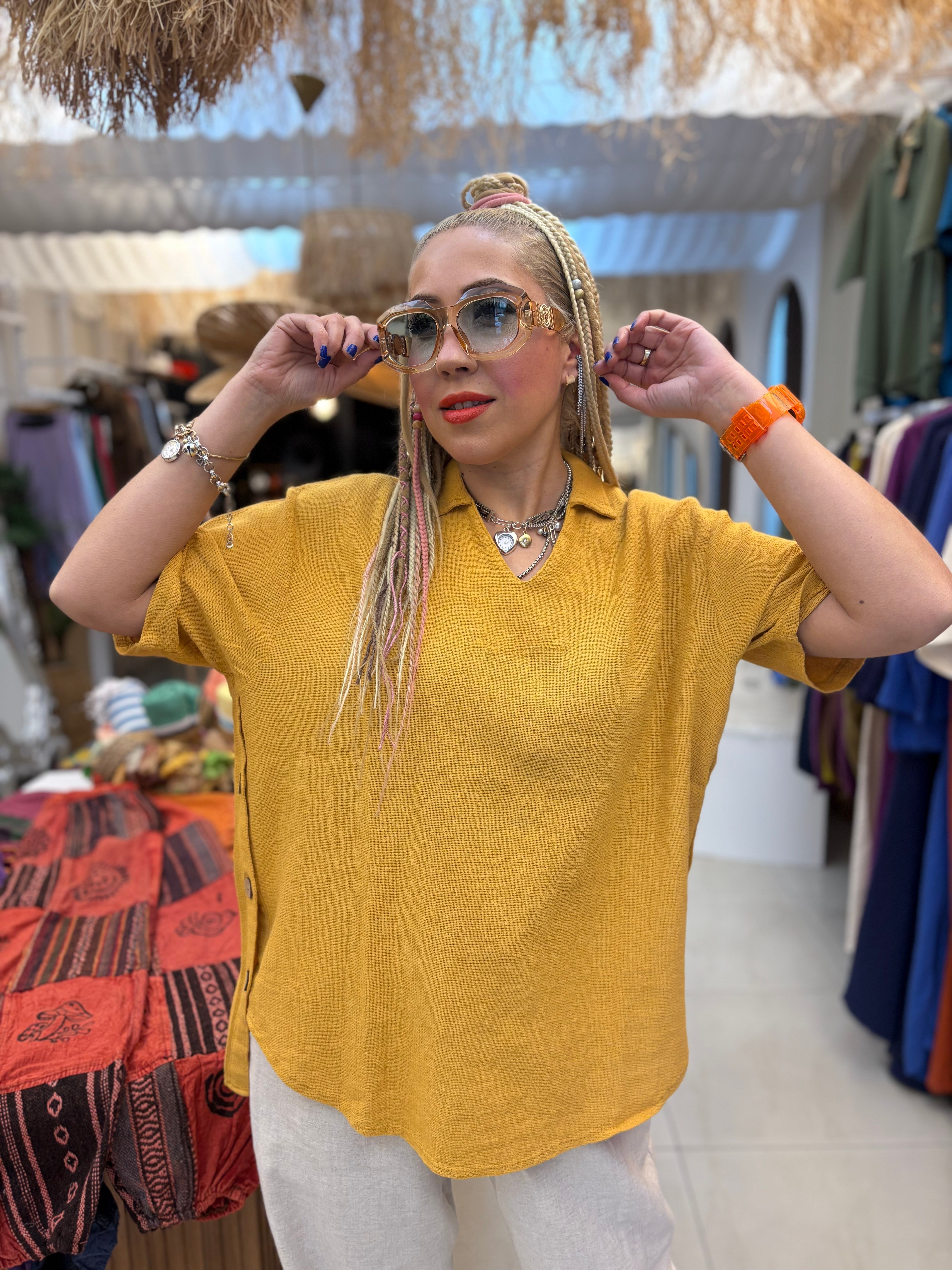 Pamuk Keten Ayla Model Sarı Bluz