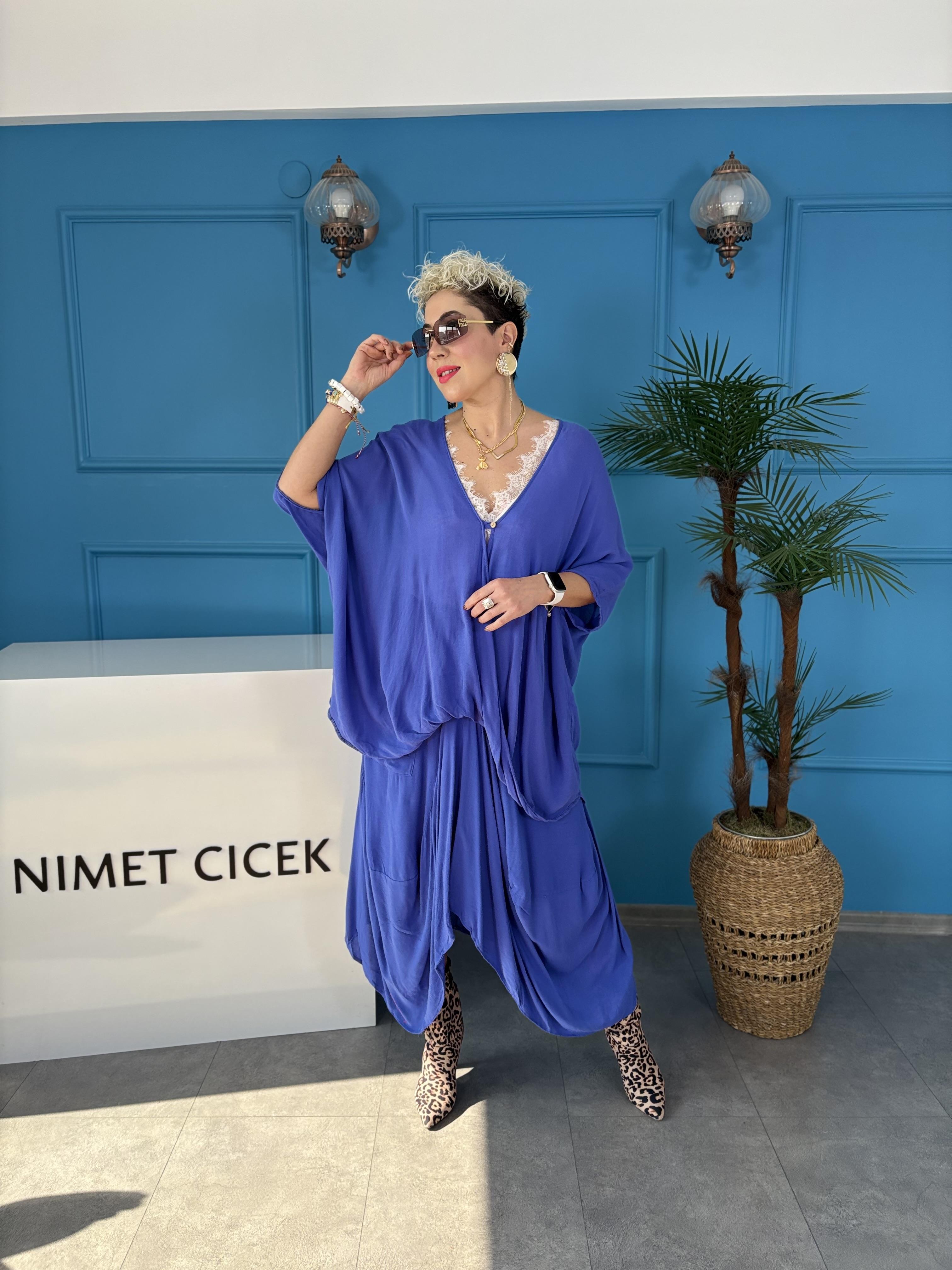 Pamuklu Şalvar Etekli Mavi Salaş Takım