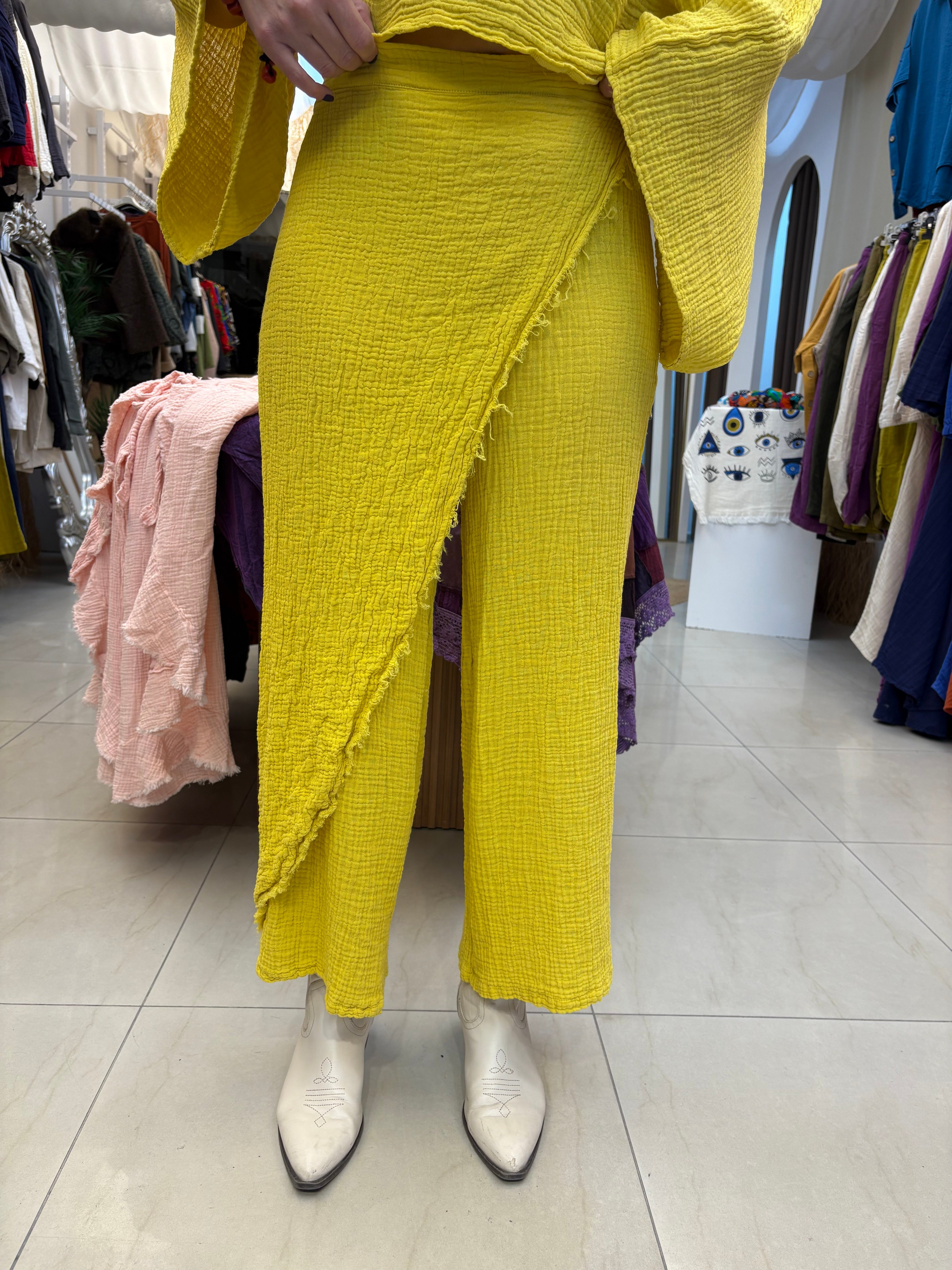 Premium Kalite Sarı Lucia Müslin Pantolon