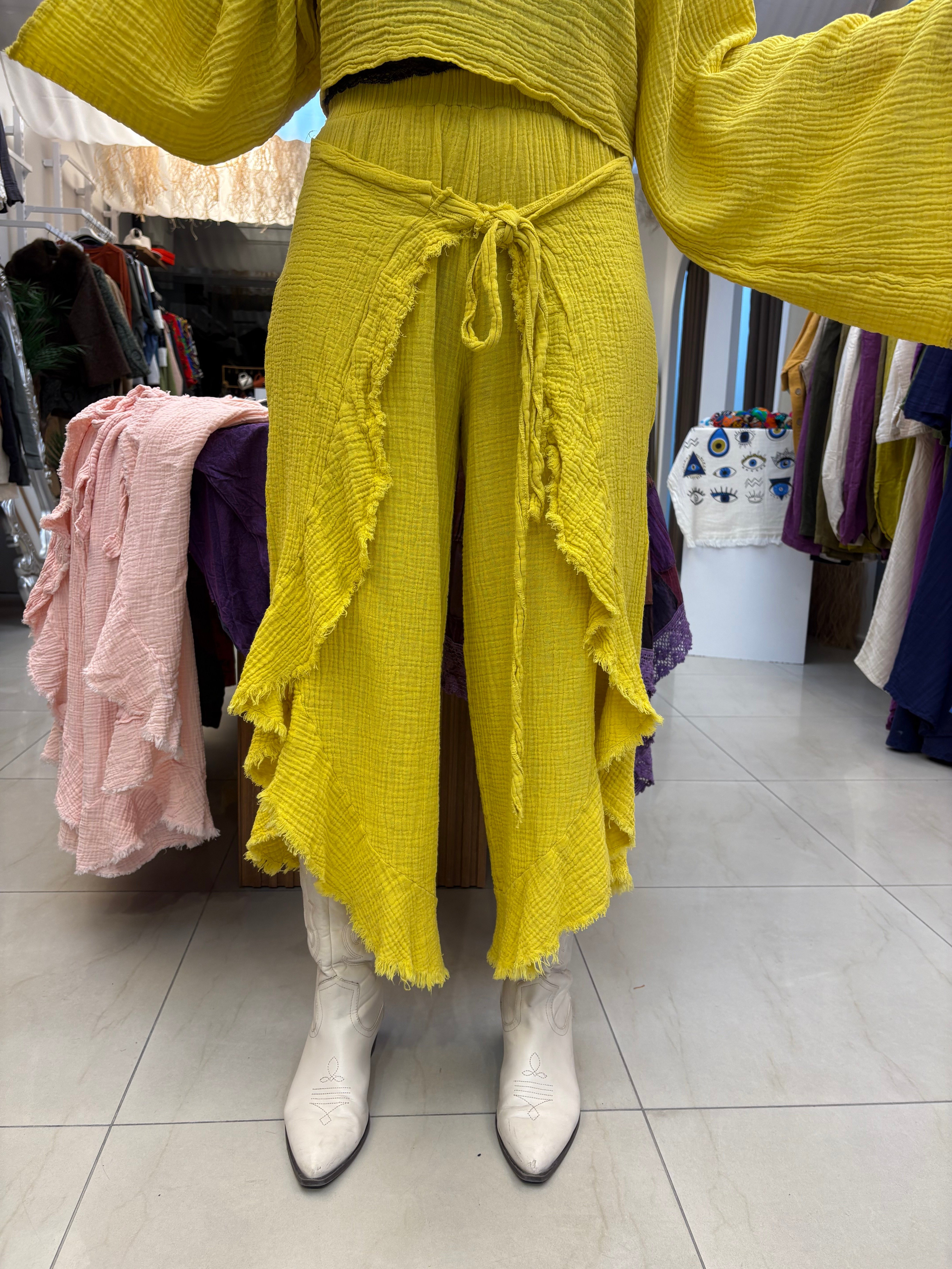 Premium Kalite Sarı Sofia Müslin Pantolon