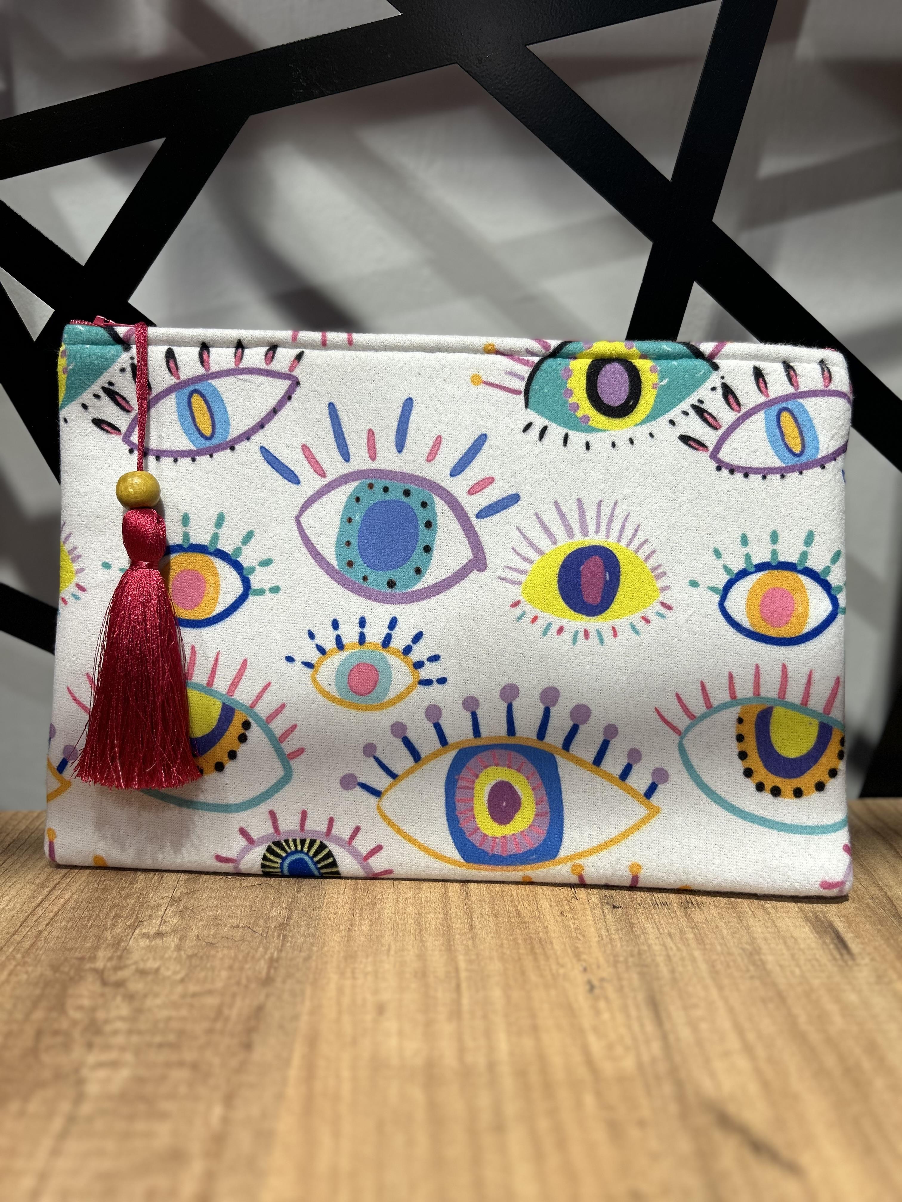Renkli Göz Detay Beyaz Clutch Çanta