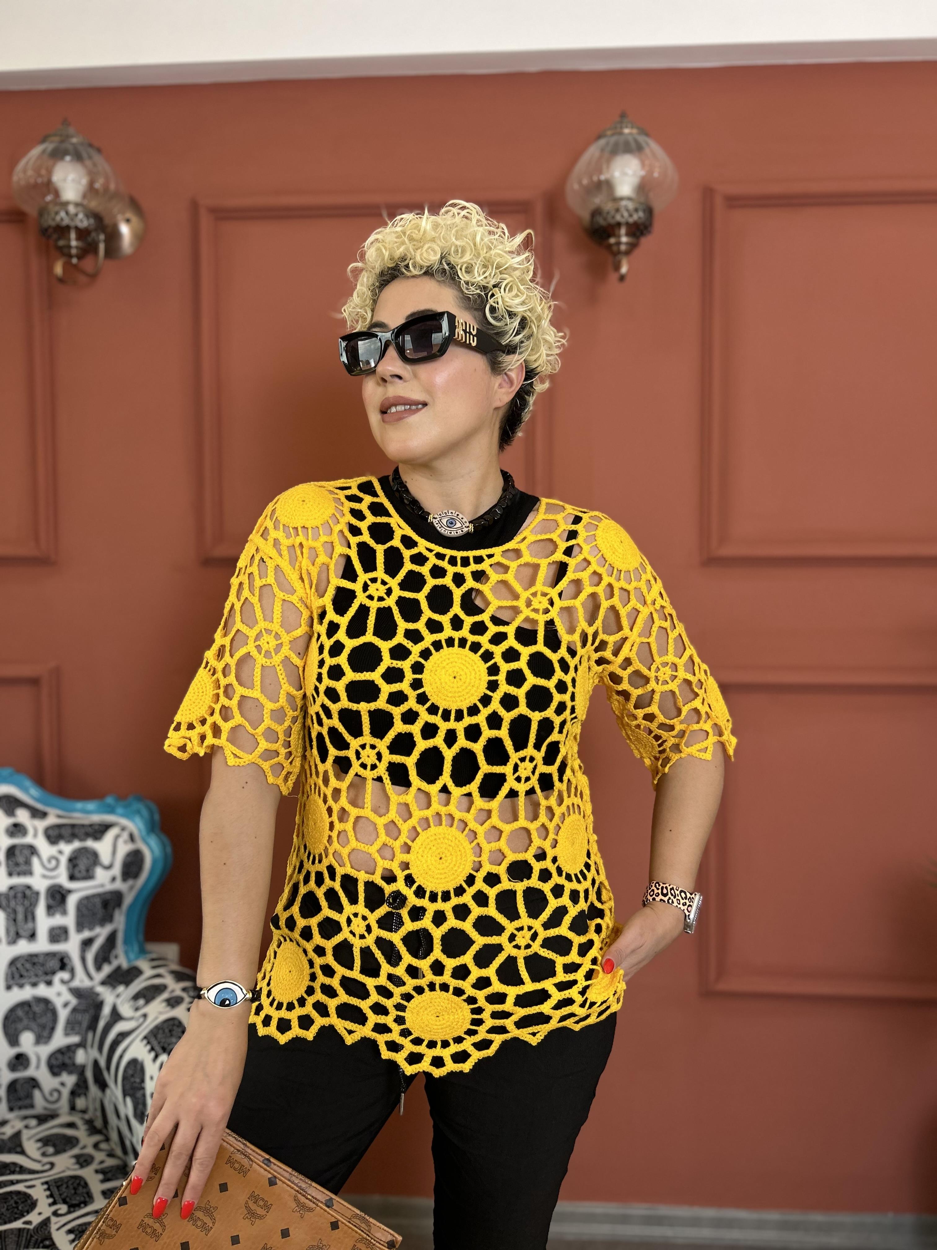 Sarı File Örgü Bluz