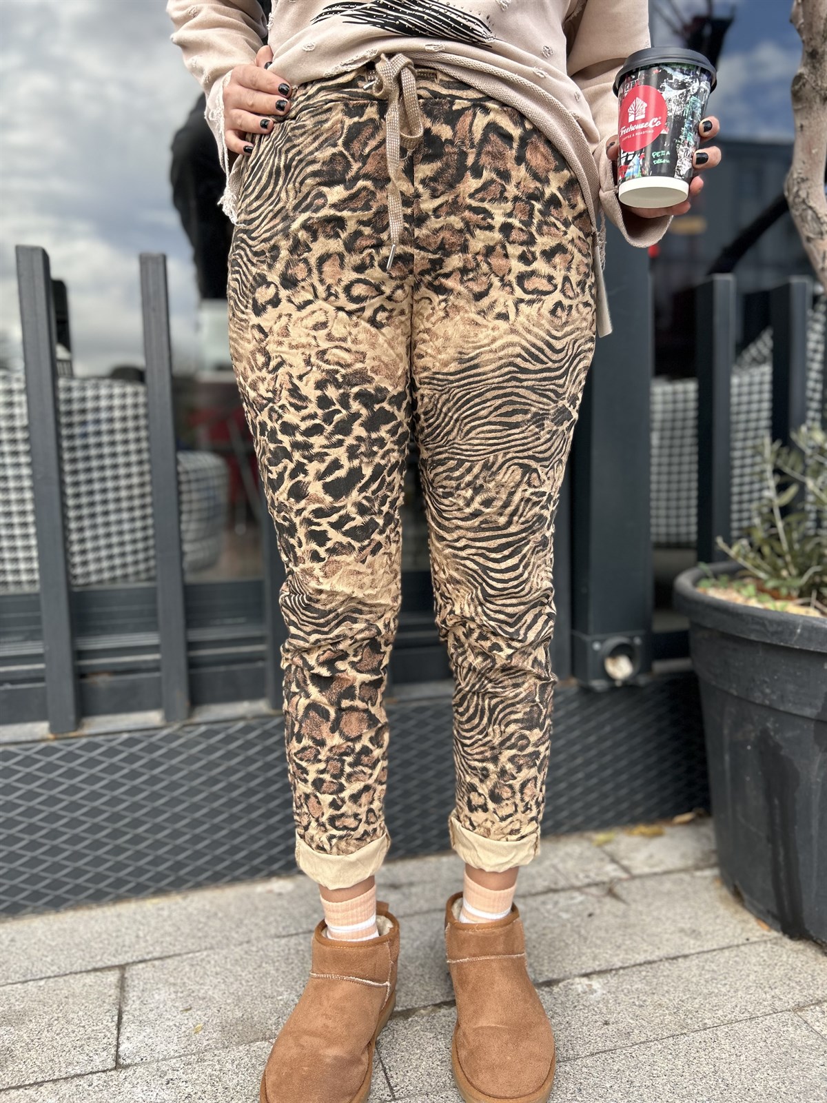 Sarı  Kahverengi Leopar İtalyan Pantalon 