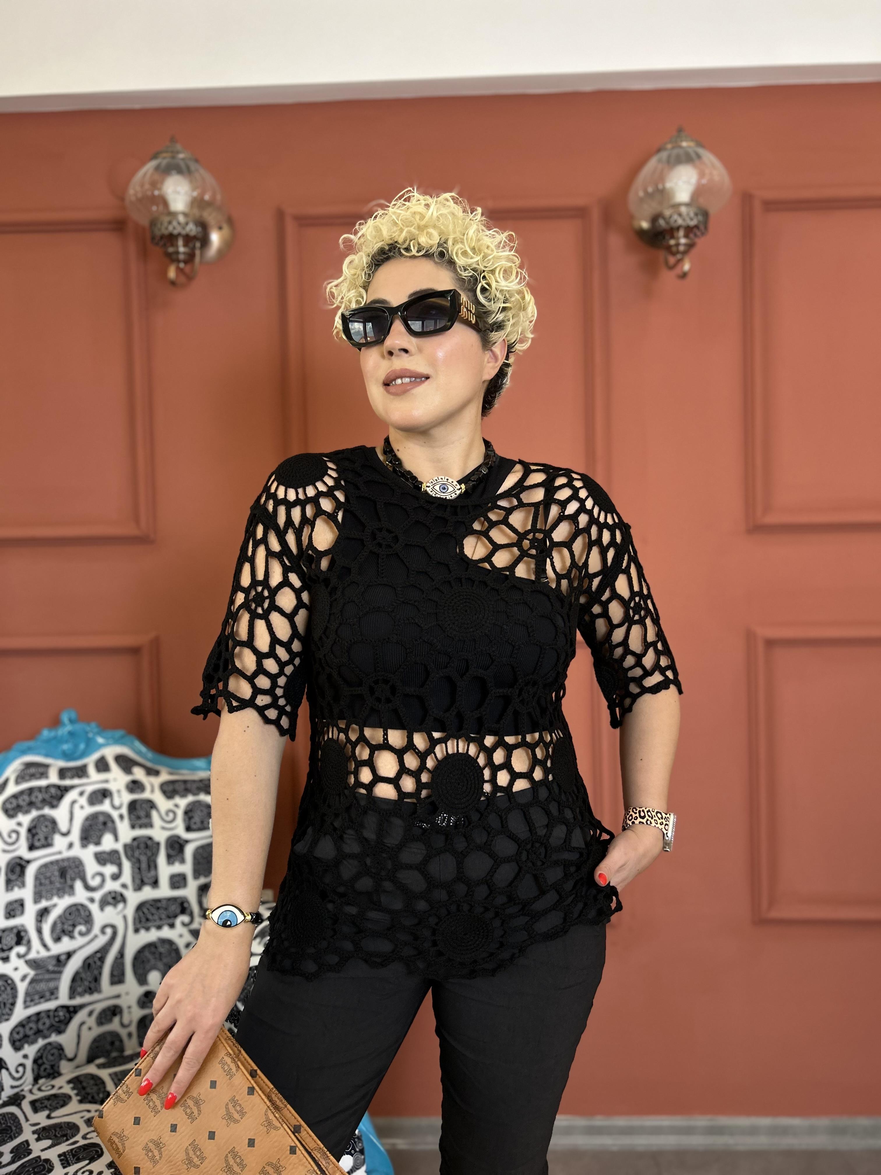 Siyah File Örgü Bluz