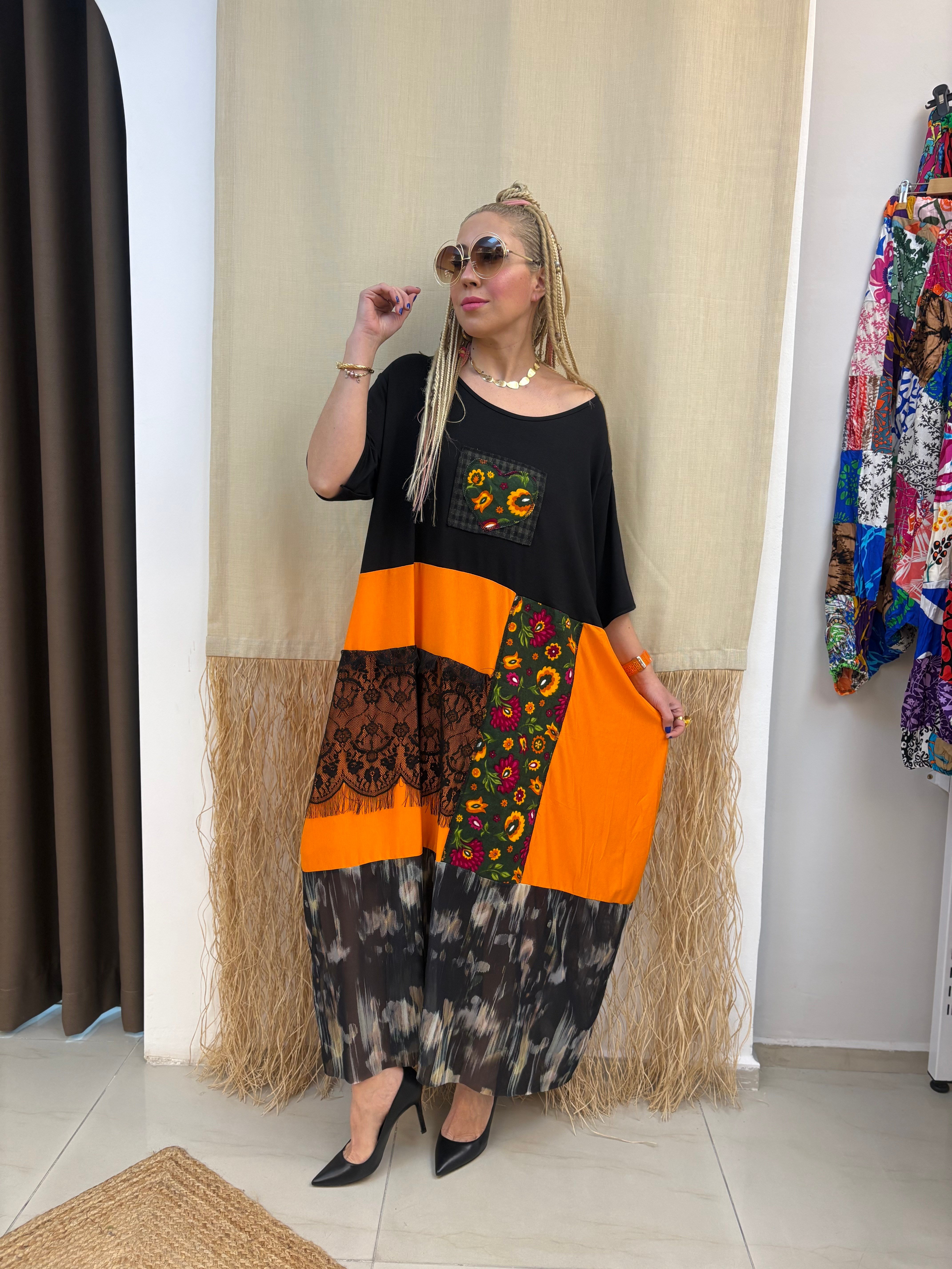 Tasarım Patchwork Siyah Elbise