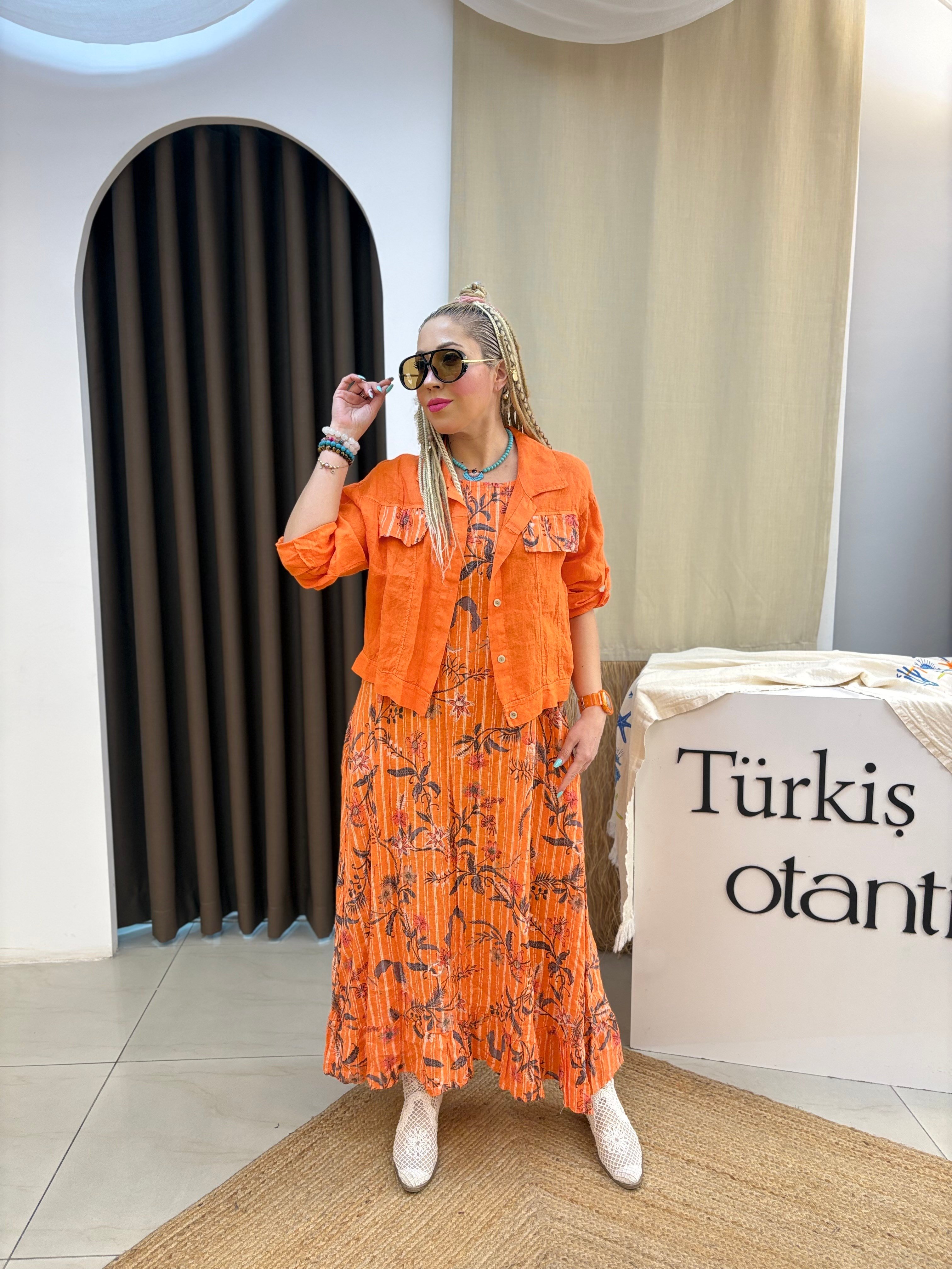 Turuncu Ham Keten İtalyan Ceketli Elbise