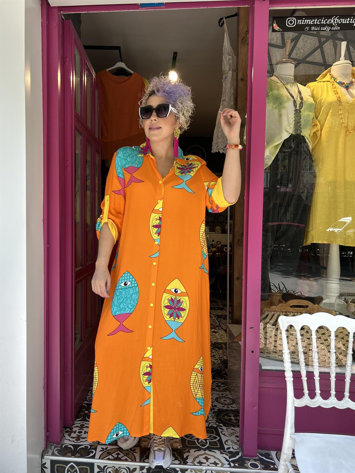 Turuncu Uzun Balıklı Elbise