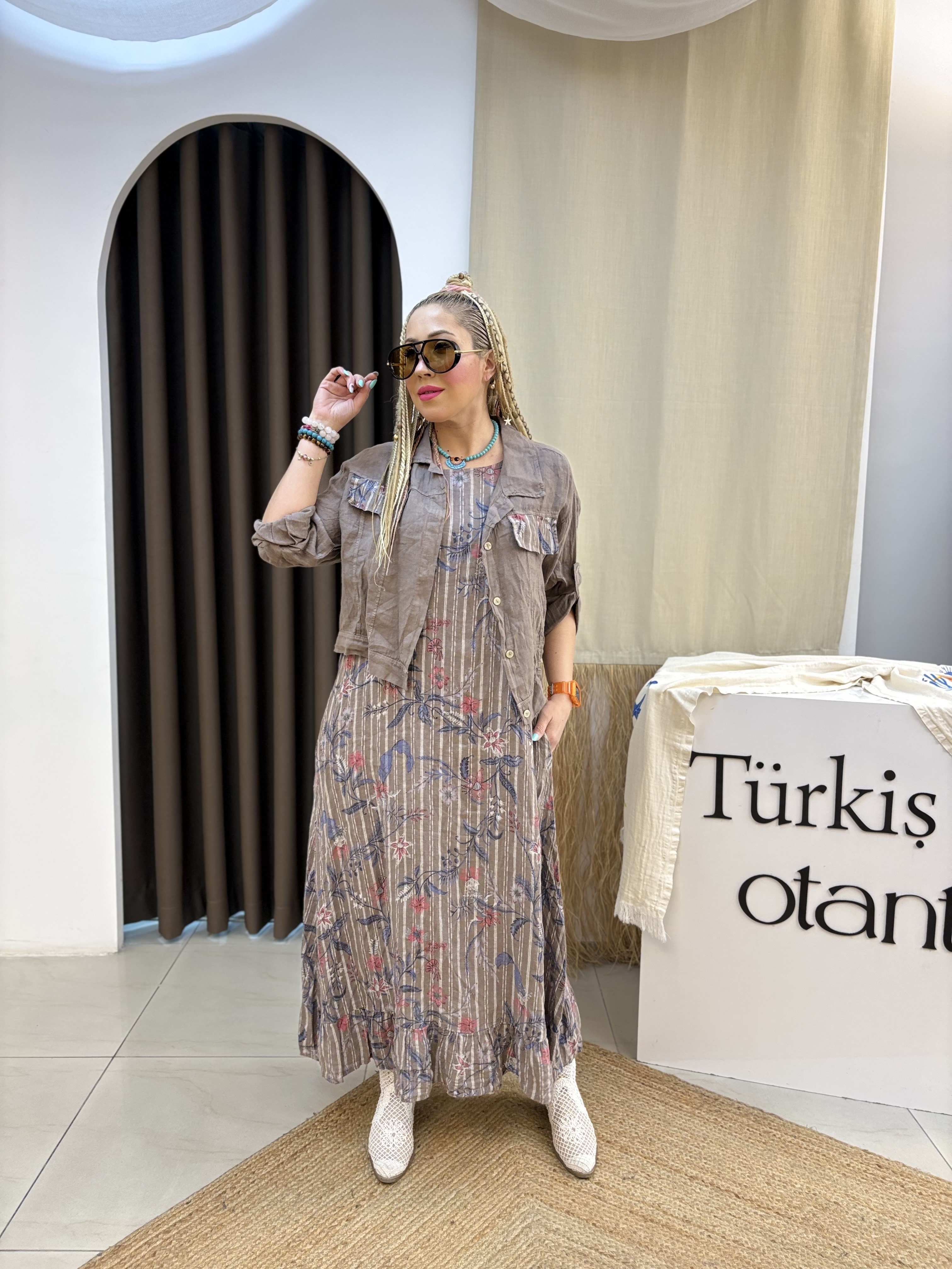 Vizon Ham Keten İtalyan Ceketli Elbise