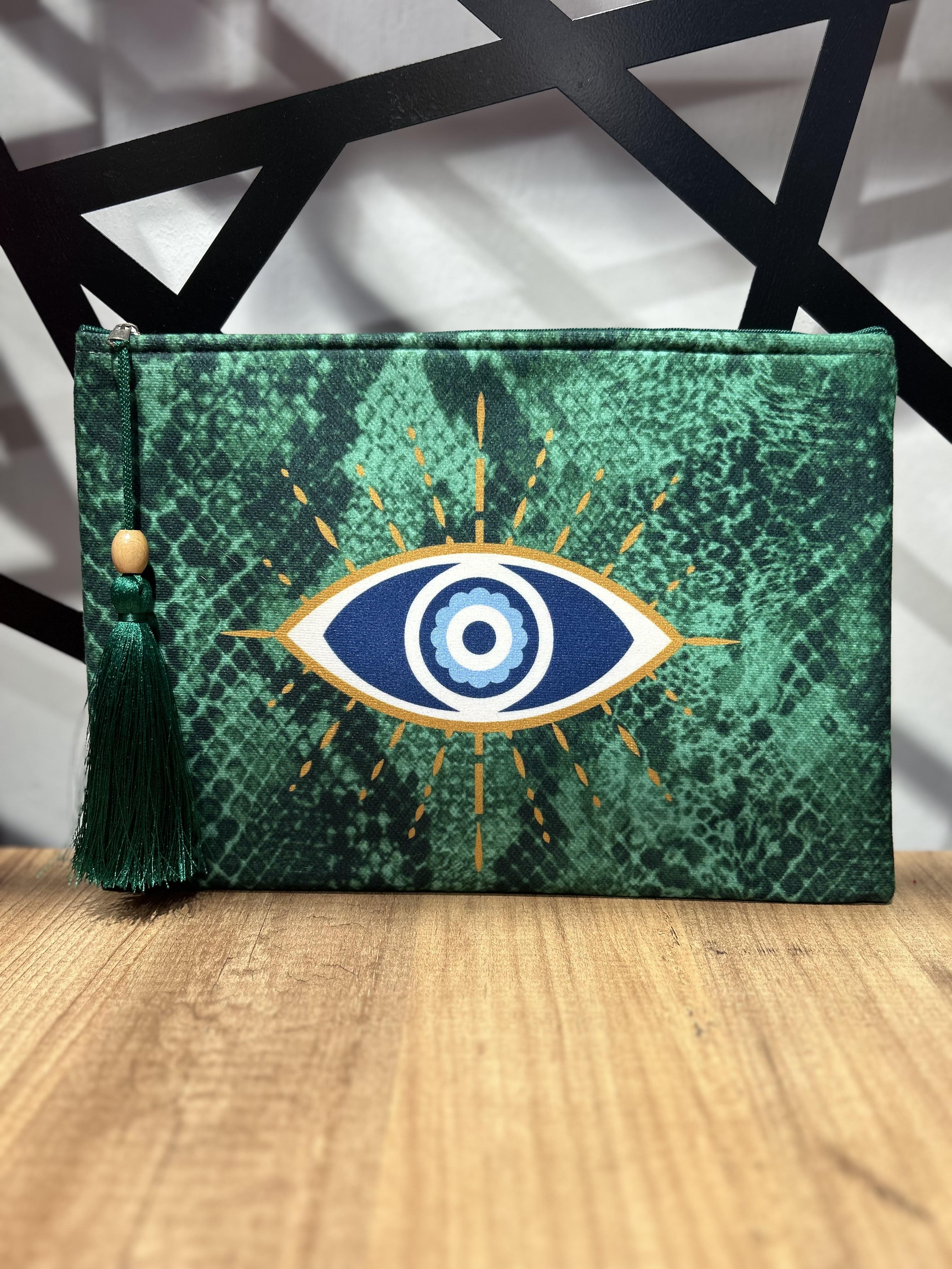 Yılan Derili Göz Detaylı Yeşil Clutch Çanta