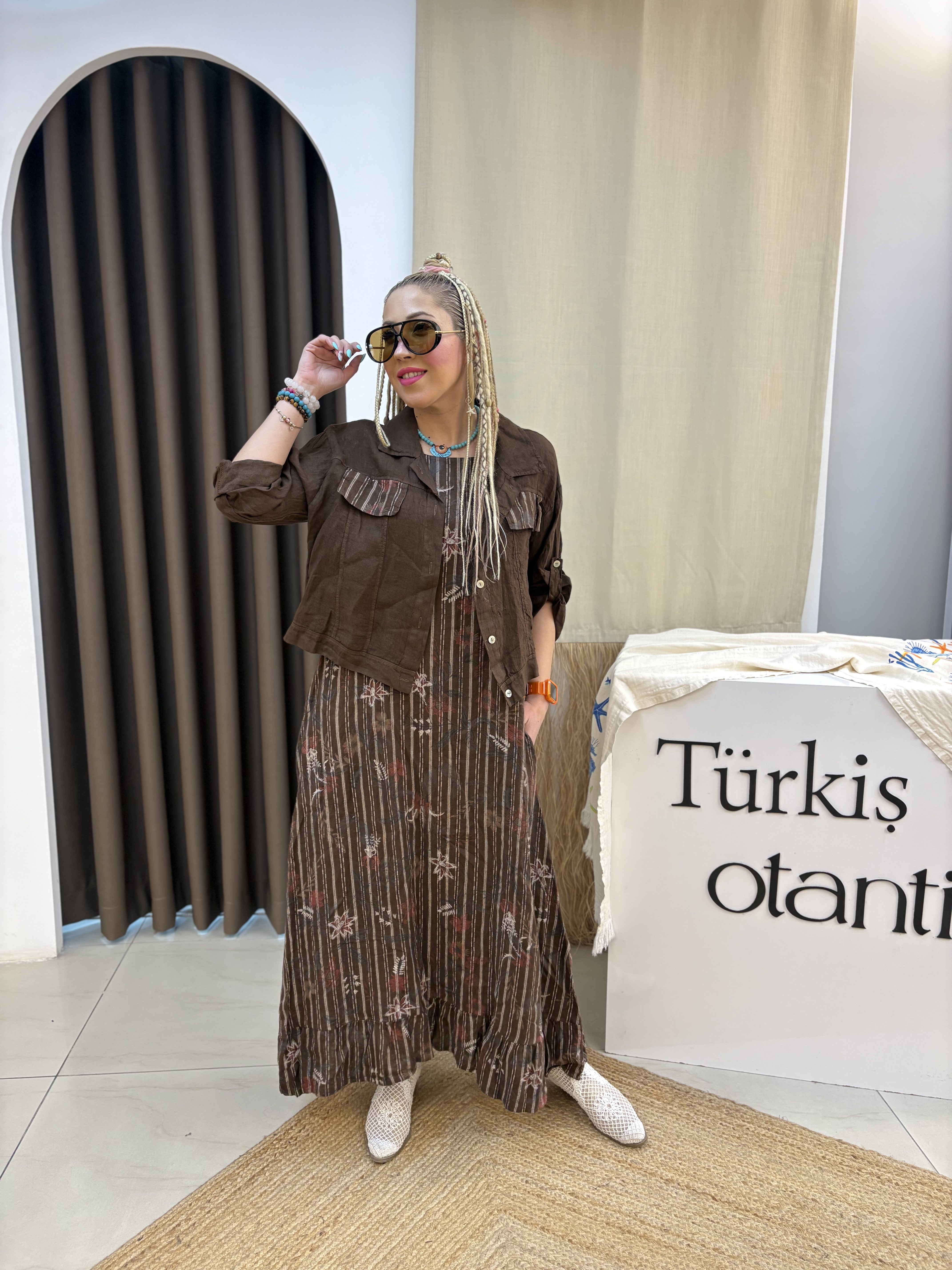 Acı Kahve Ham Keten İtalyan Ceketli Elbise