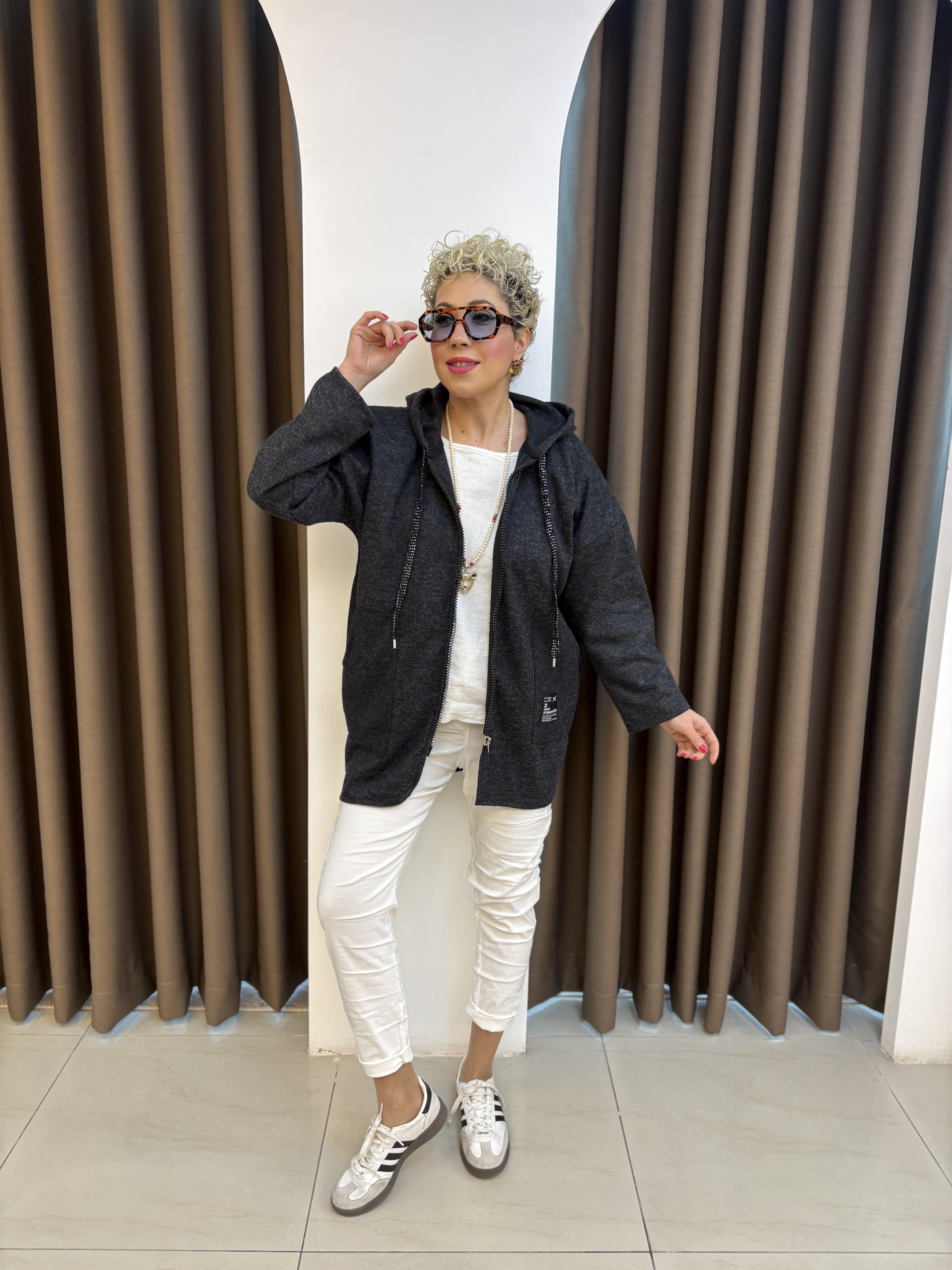 Antrasit Kapşonlu Keçe Ceket