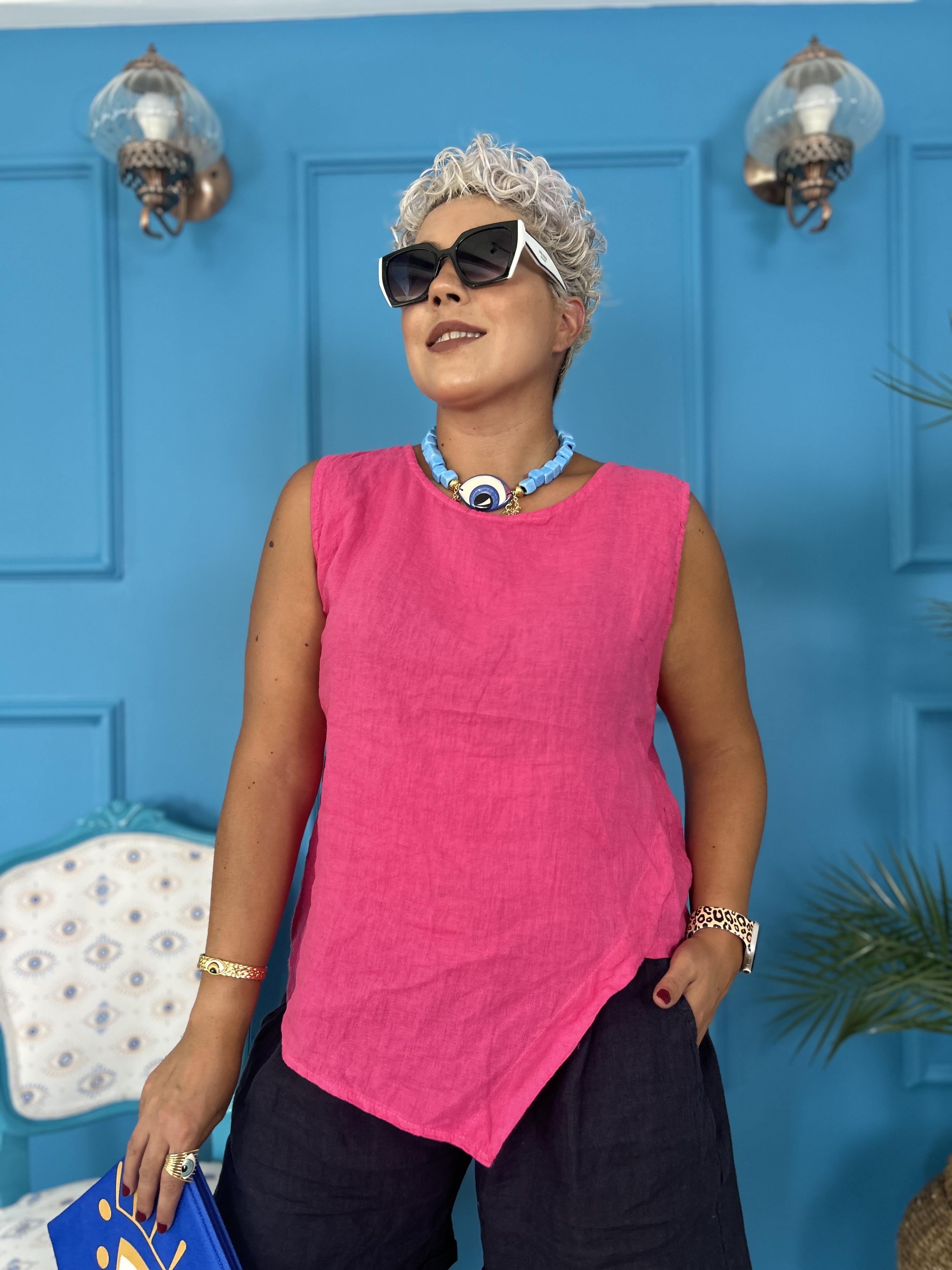 Arkası Düğme Detaylı Ham Keten İtalyan Pembe Bluz