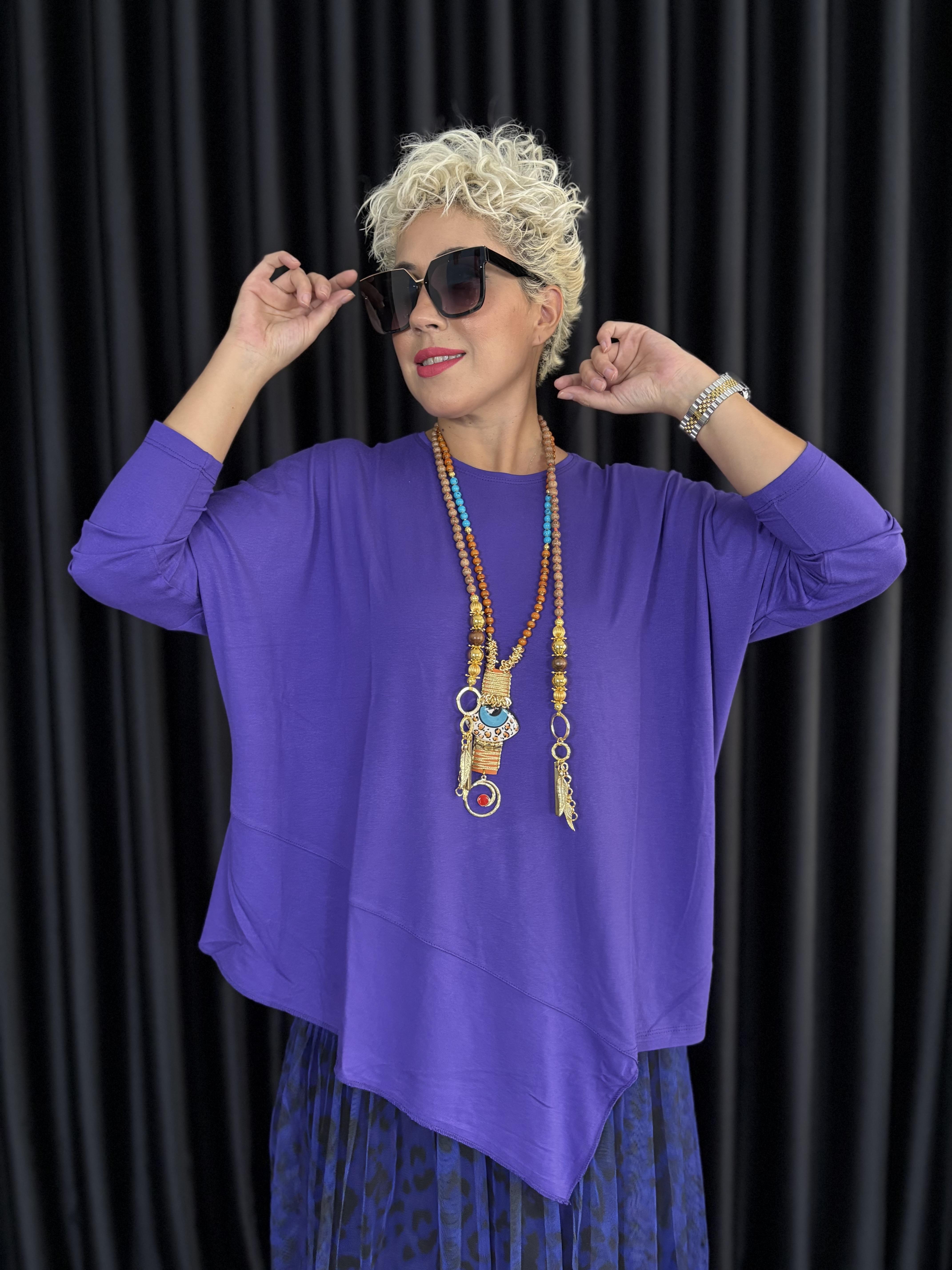 Asimetrik Kesim Pamuklu Mor Bluz