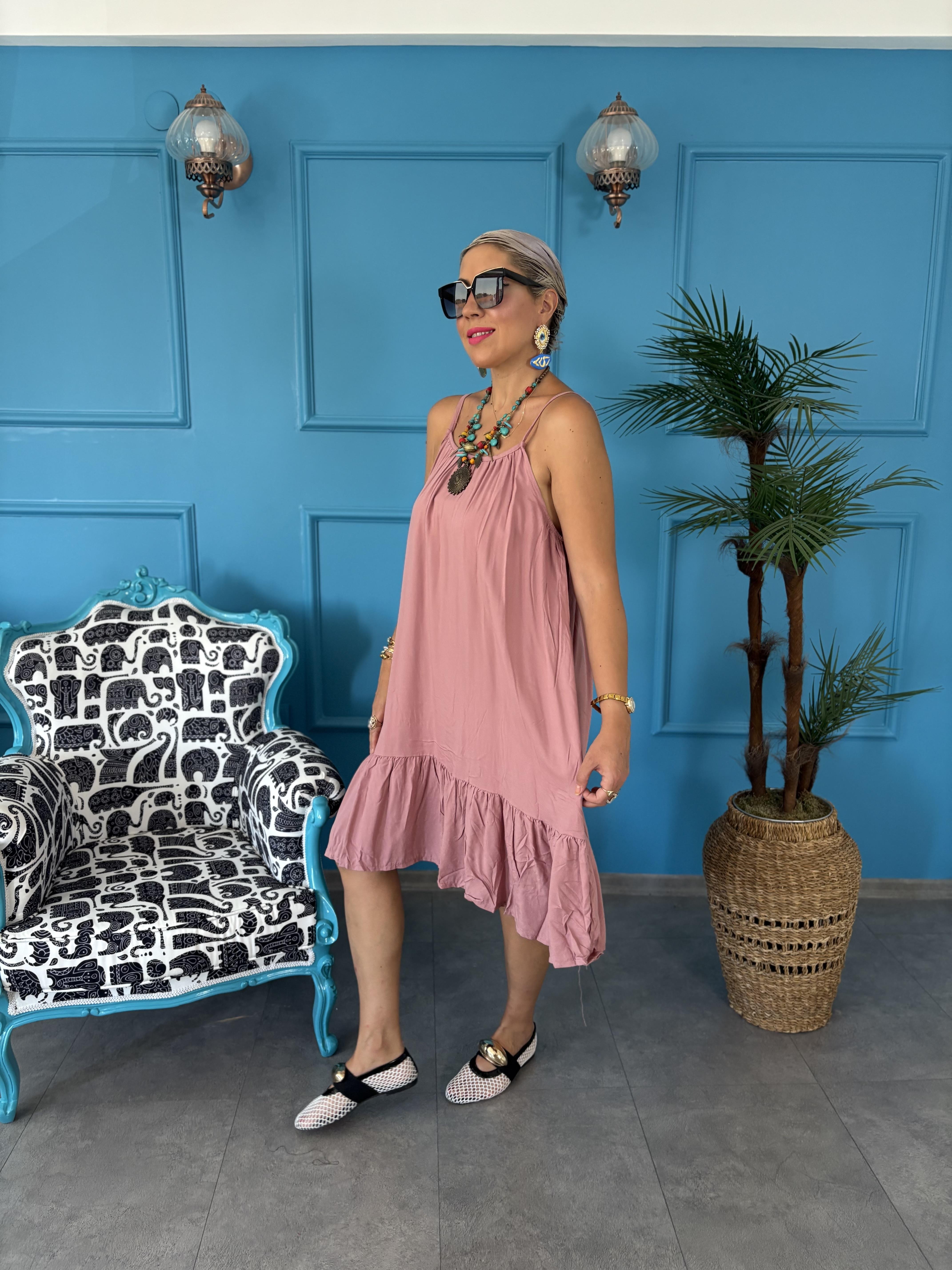 Askılı Gül Kurusu Kısa Elbise